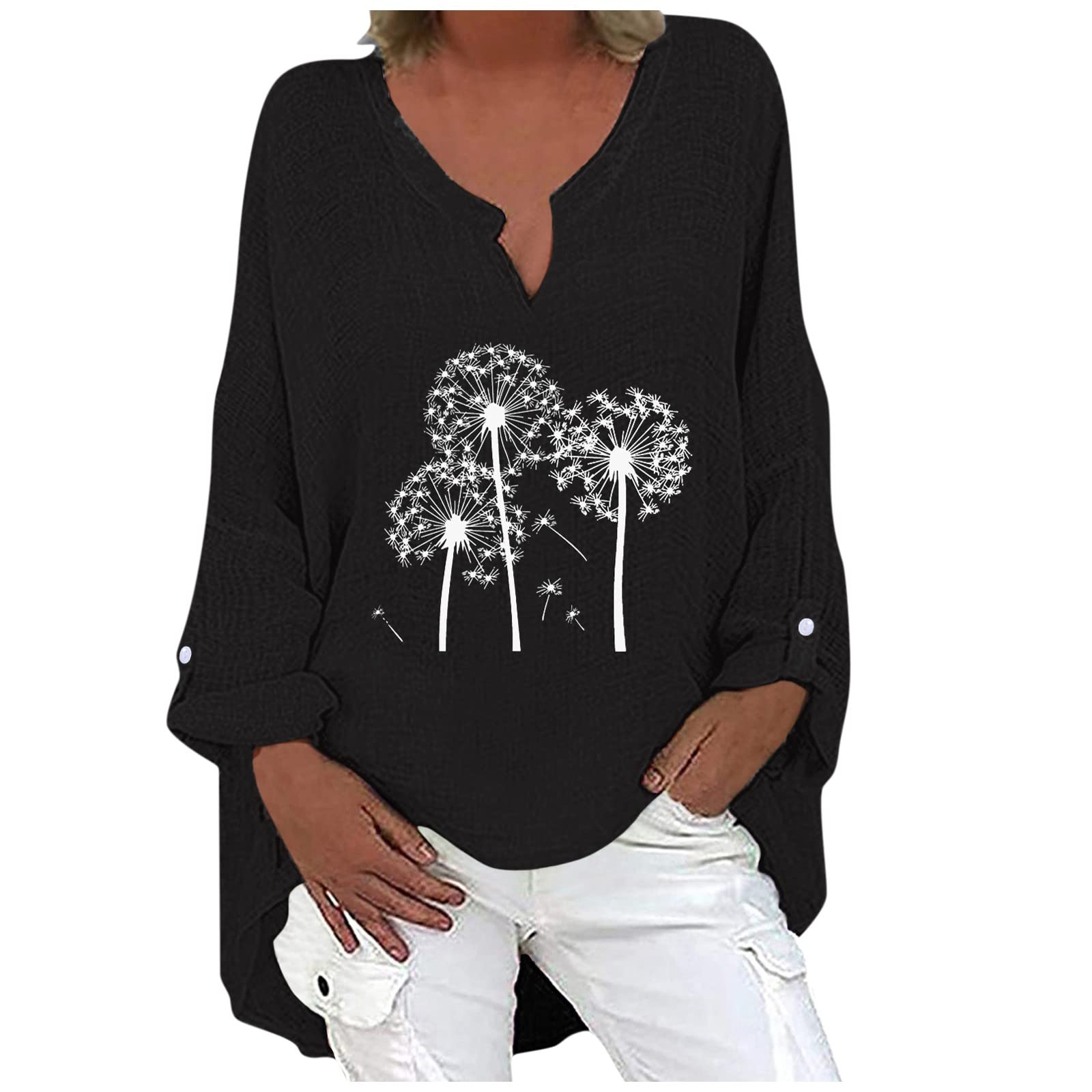 Timbrigte Women's Cotton Linen T-Shirt - Trendy Long Sleeve Floral Tunic Top - Soft & Comfortable Casual Blouse for Everyday Wear, Office & Outings