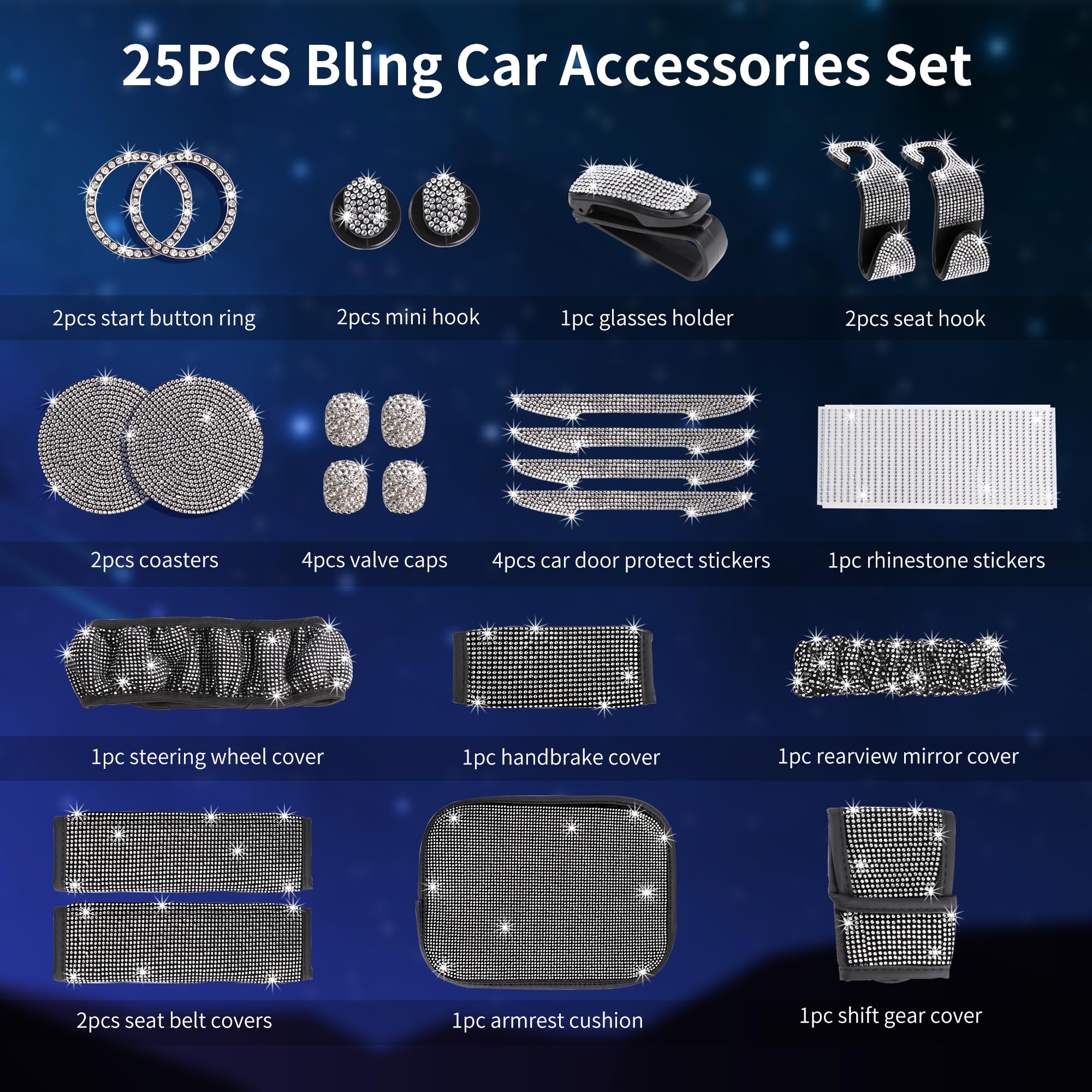 25 Pack Bling Car Accessories Set - Rhinestone Steering Wheel Cover & Glitter Seat Belt for Women (15 Inch Universal Fit, Silver White) | Car Interior Decor & Gift Ideas for Her