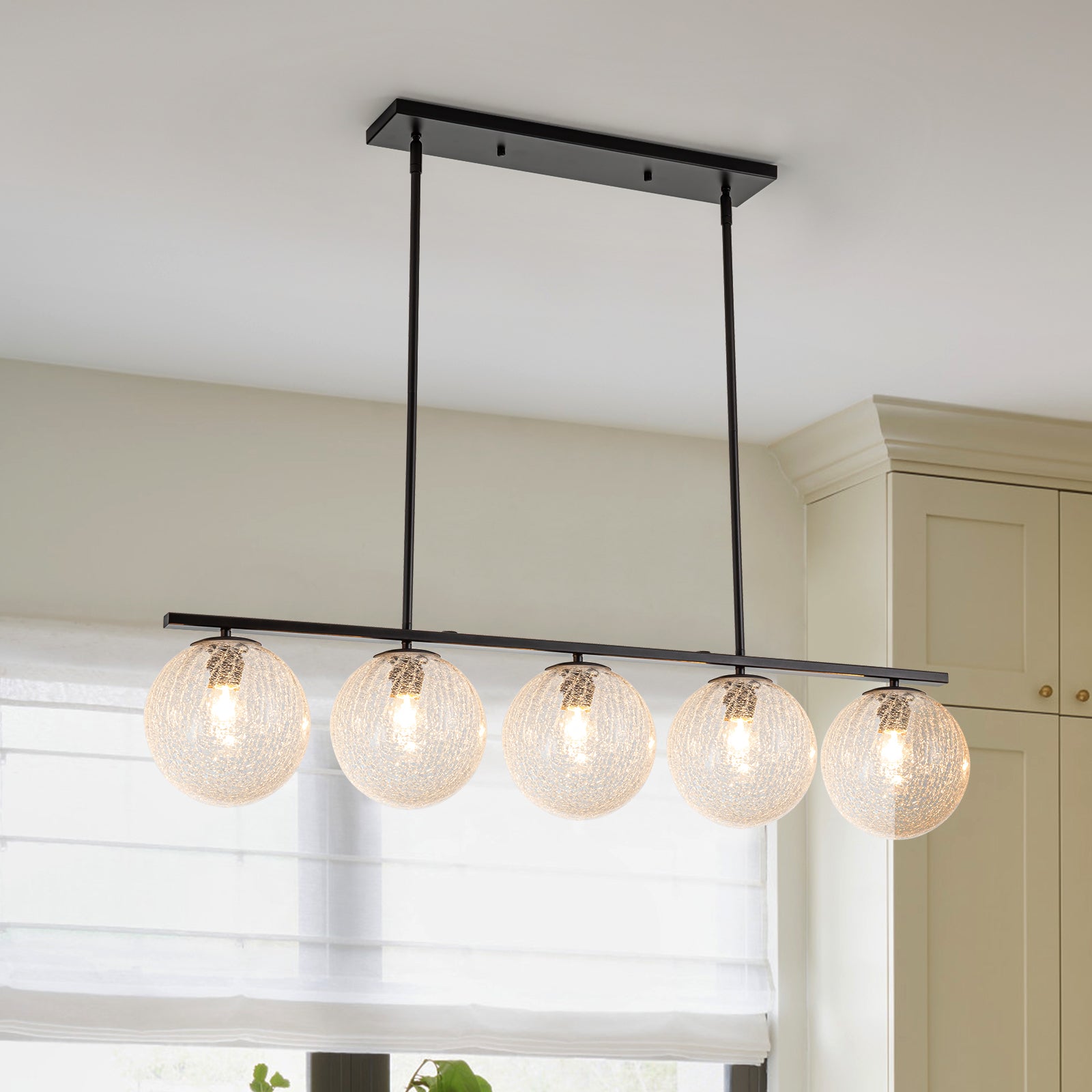 Glowlings 5-Light Modern Hammered Cracked Clear Glass Linear Pendant Light - Kitchen Island Lighting Fixture for Dining Room, Bar & Farmhouse Decor
