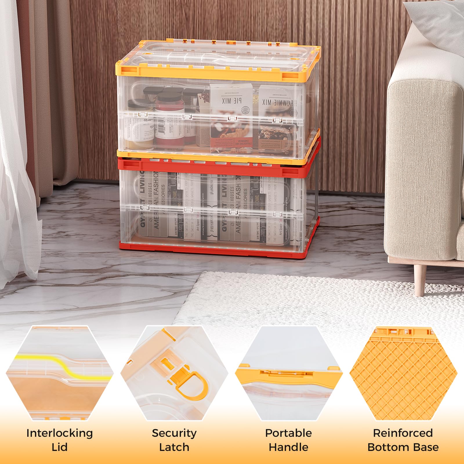 DORTALA 4-Pack 48 Gallon Clear Collapsible Storage Bins with Lids - Stackable Plastic Containers with Interlock Security Latches - Foldable Utility Crates for Bedroom, Dorm, Garage Organization (Perfect for Seasonal Clothes, Toys & Home Storage)