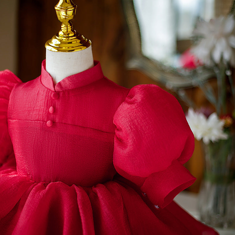 Red Princess Flower Girl Dress with Mock Neck Bow & Puff Sleeves - Knee Length Formal Gown for Weddings, Parties & Special Occasions