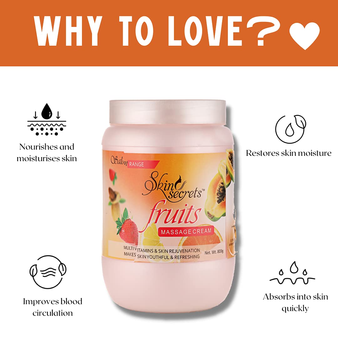 Skin Secrets Fruit Facial Massage Cream with Orange & Papaya Extract | Paraben Free, Cruelty Free & Vegan | 800gm | Hydrating & Brightening Face Moisturizer for Glowing Skin | Perfect for Daily Skincare Routine & Spa Treatments