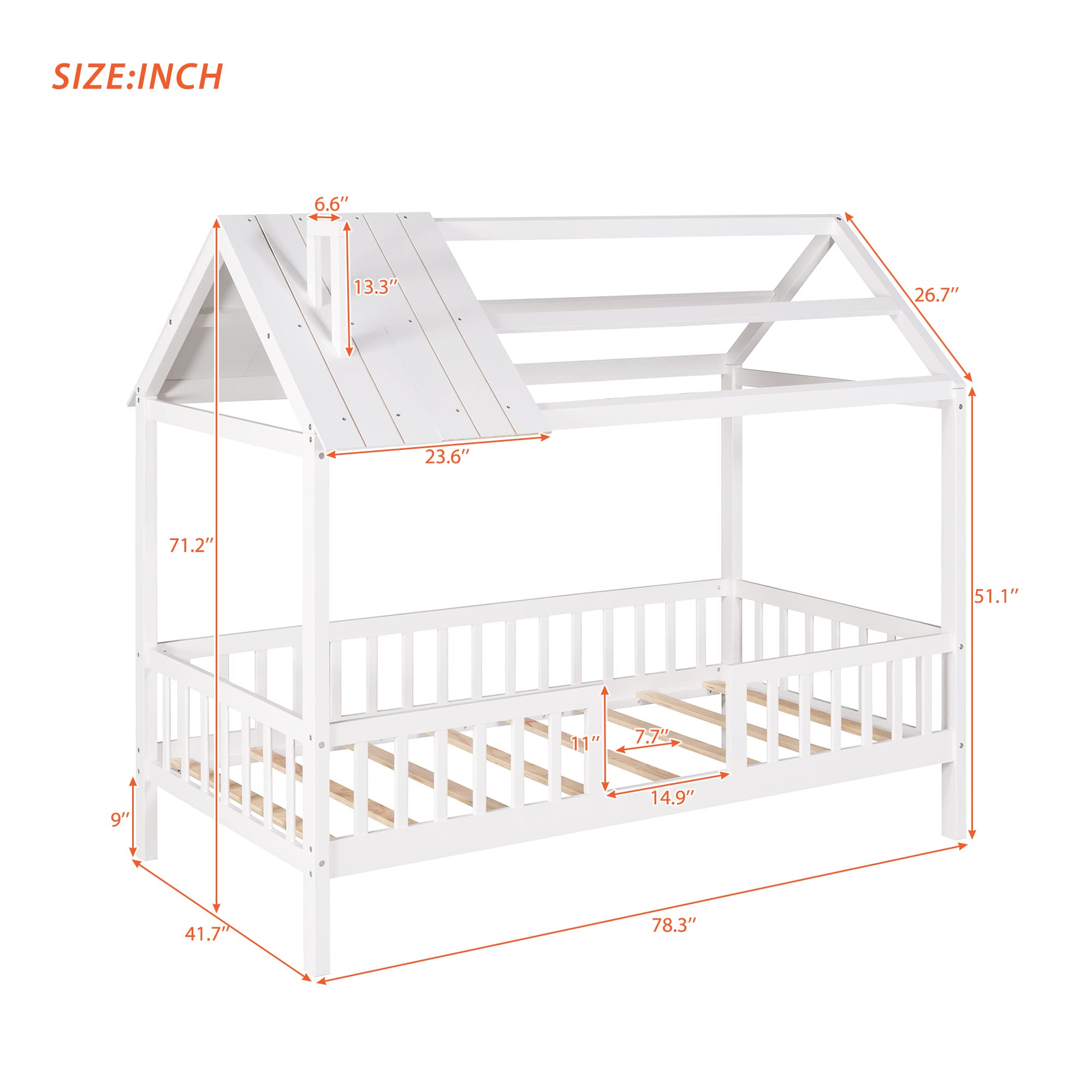 Merax Twin House Bed for Kids - Wooden House-Shaped Twin Bed Frame with Safety Rails & Roof Windows - Sturdy Platform Bed for Boys & Girls - Perfect for Kids' Bedroom, Playroom & Nursery Decor