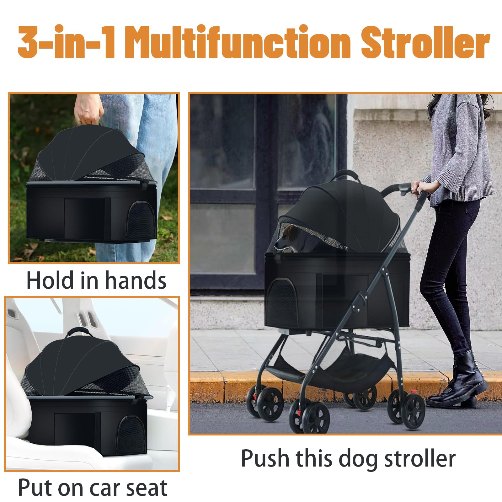 3-in-1 Pet Stroller for Dogs & Cats - Convertible Dog Wagon with Removable Carrier, Folding Design for Medium Pets Up to 55lbs (Black) - Perfect for Park Walks, Vet Visits & Shopping Trips
