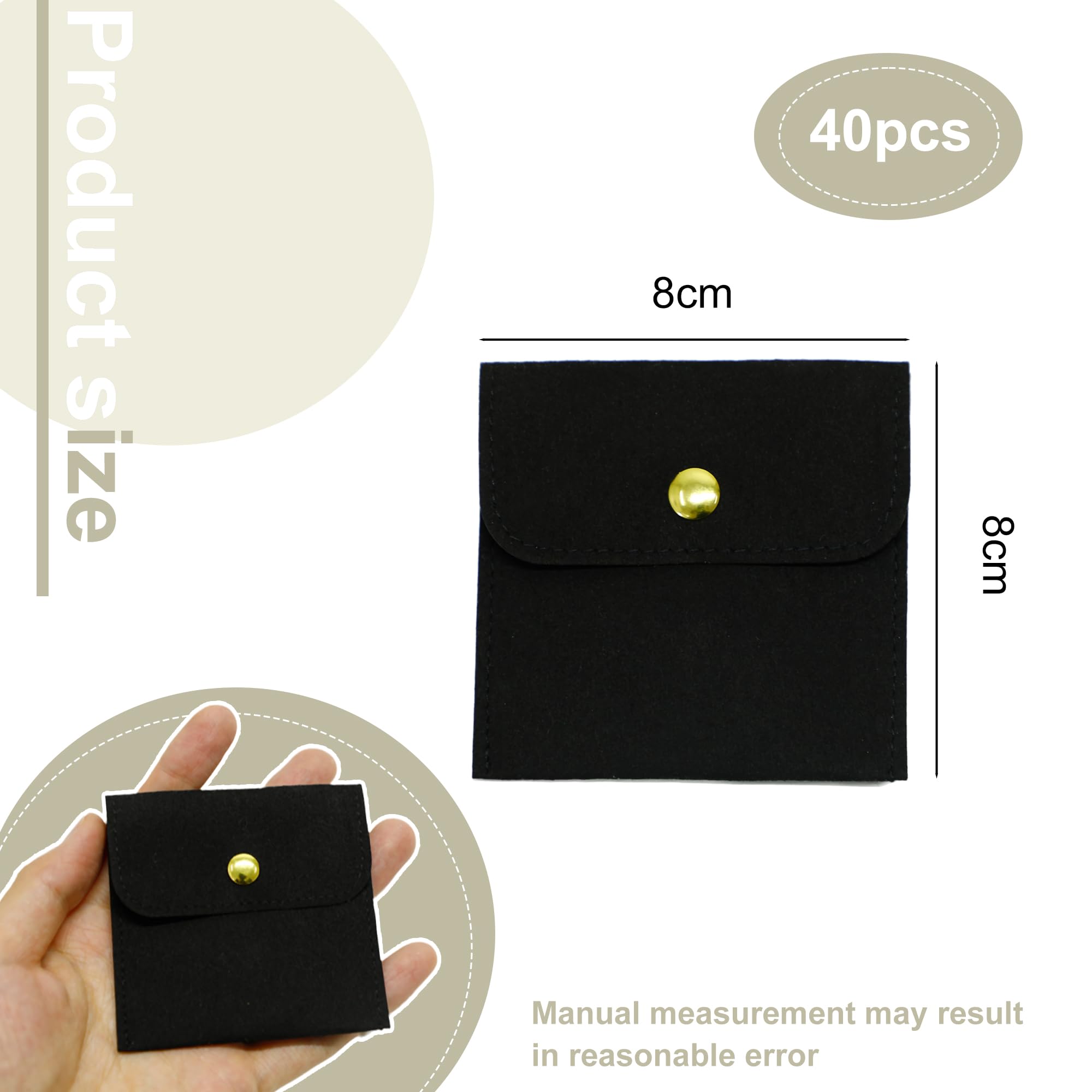 40-Piece Black Microfiber Jewelry Pouch Set with Button Closure (8x8cm) - Luxury Small Gift Bags for Earrings, Necklaces, Bracelets & Rings - Perfect for Jewelry Packaging, Wedding Favors & Retail Displays