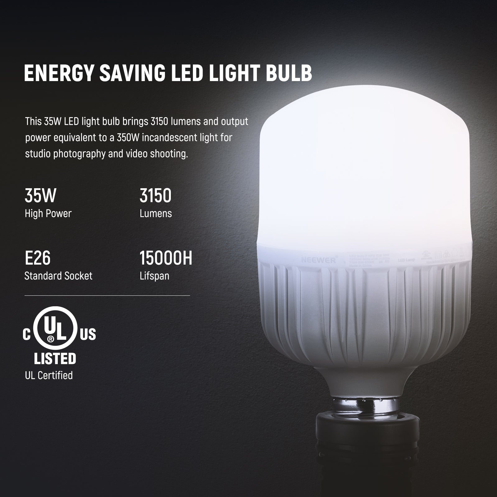 NEEWER T100 2-Pack 35W E26 LED Light Bulbs - Energy Efficient Bright White Light for Home, Office, and Commercial Use