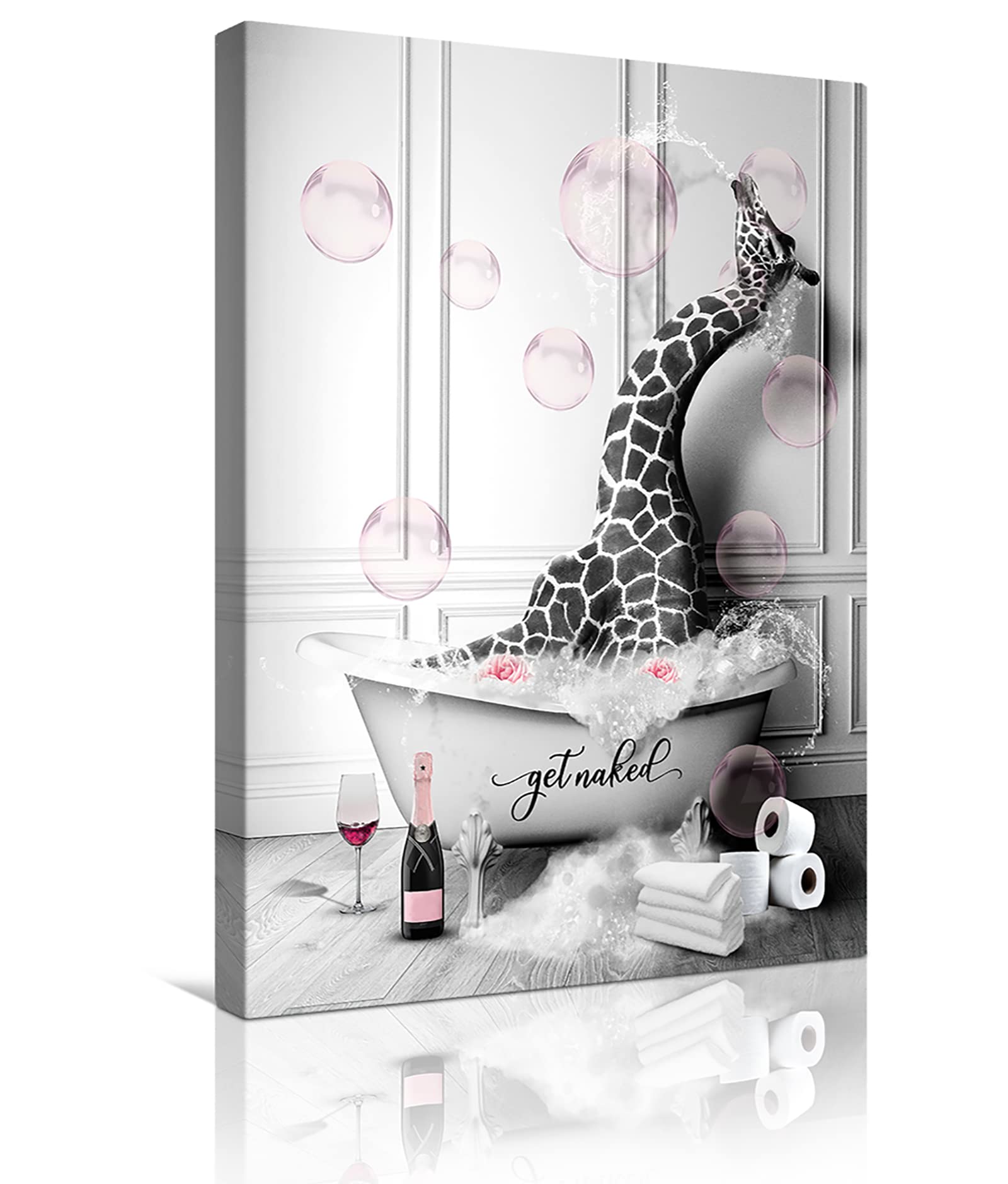 Funny Giraffe in Bathtub Canvas Wall Art - 16x20 Inch Ready to Hang Bathroom Decor with Pink Bubbles & Grey Background | Perfect for Kids' Bathroom, Nursery, or Humorous Home Decor