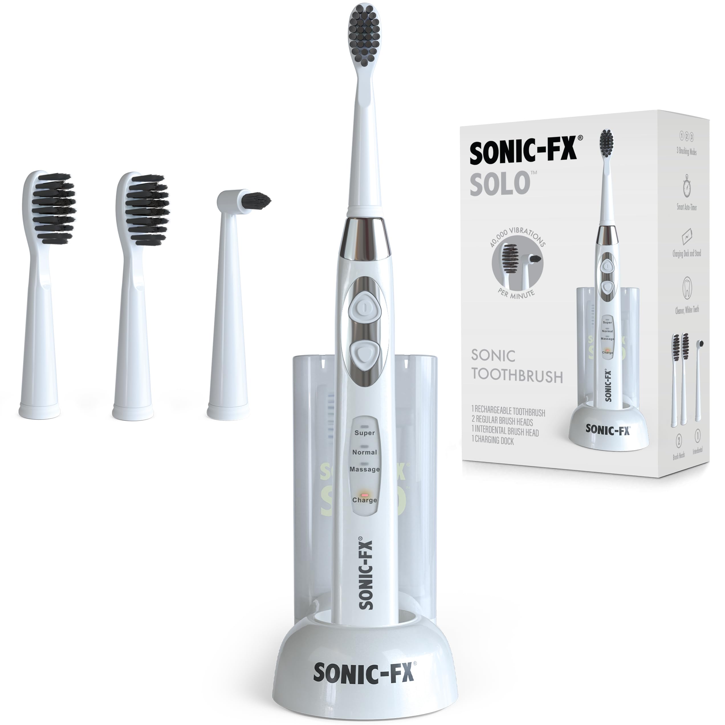 Solo Sonic Electric Toothbrush with 3 Brushing Modes & Smart Timer - Rechargeable with Charging Dock - Includes 1 Interdental & 2 Replacement Brush Heads (White) | Perfect for Travel, Home & Daily Oral Care