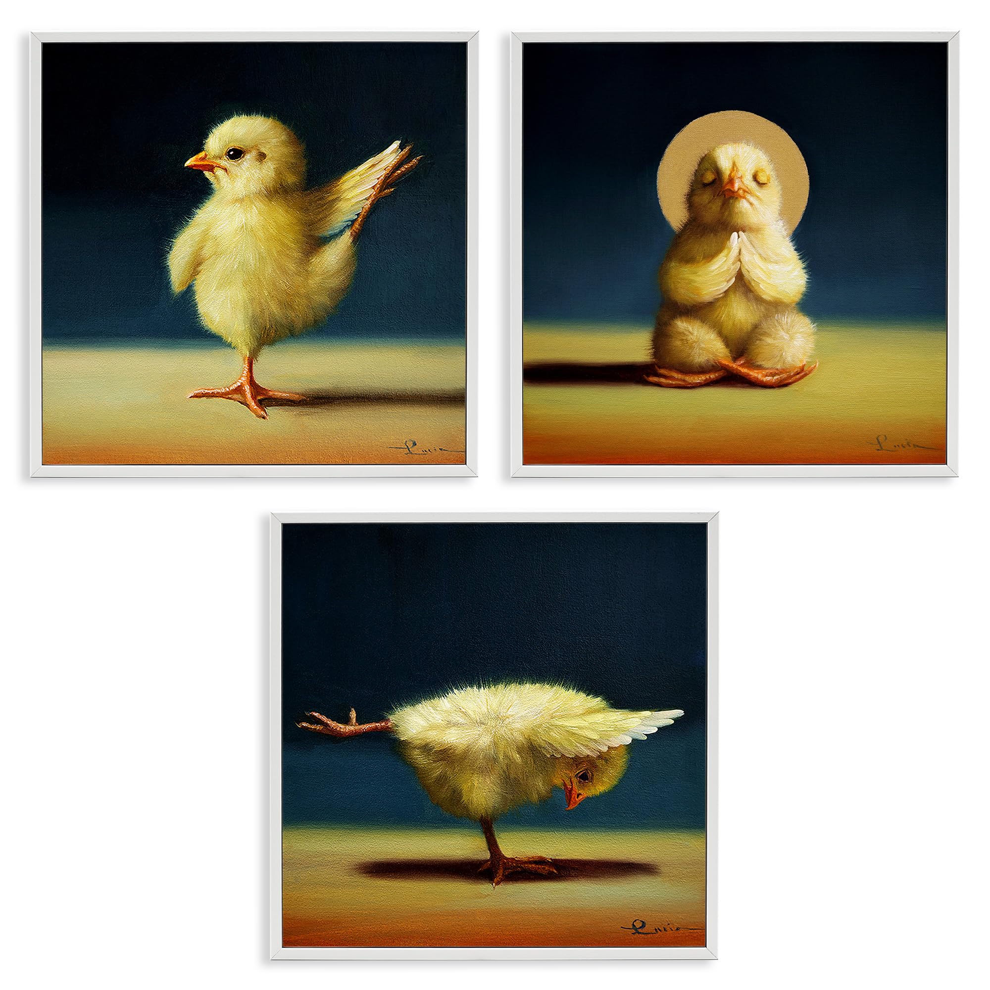 Stupell Industries Yoga Chick Trio Funny Farm Animals Stretching Poses Wall Art - Lucia Heffernan Design - 17x17 White Framed Yellow Painting - Perfect for Yoga Studios, Home Decor & Funny Gift Ideas