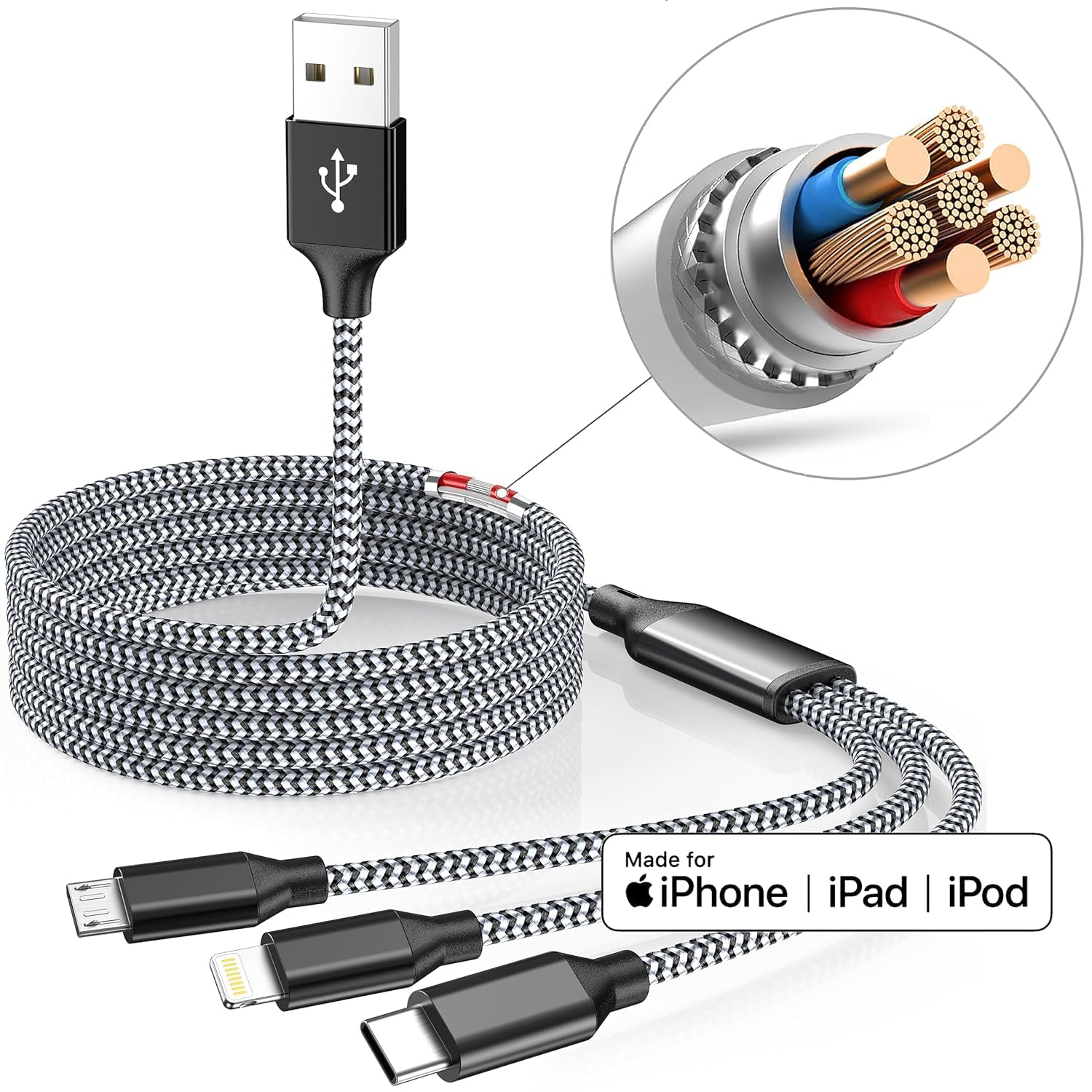 4ft 2-Pack MFi Certified 3-in-1 Nylon Braided Charging Cable - Fast Charging USB C/Lightning/Micro USB Cable for iPhone, iPad, Tablet | Perfect for Home, Office & Travel Charging