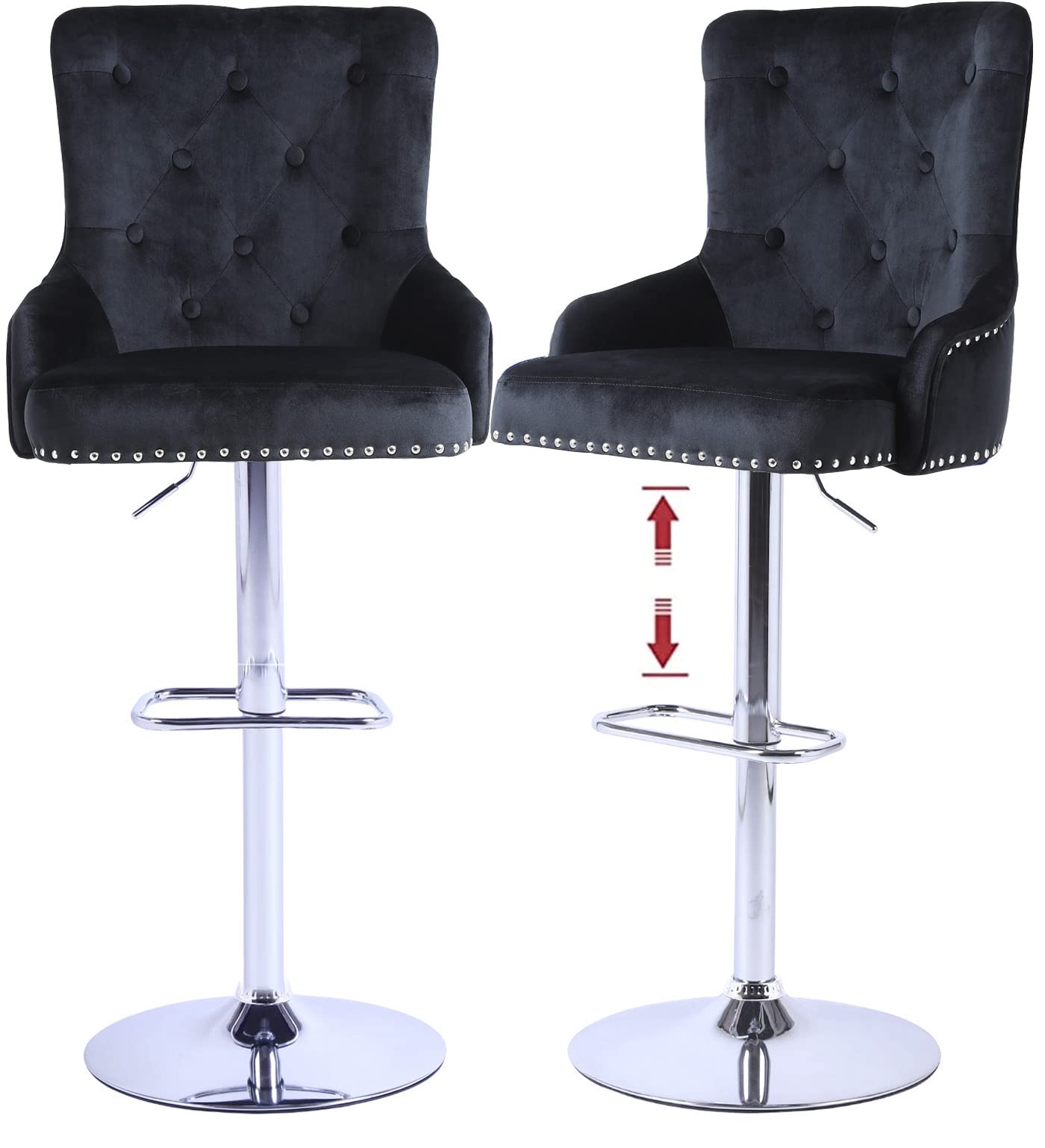 Premium Black Velvet Bar Stool Set of 2 - Adjustable Height Swivel Counter Stools with Backrest & Footrest - Modern Kitchen Island & Dining Room Seating for Home, Cafe, and Restaurant Use