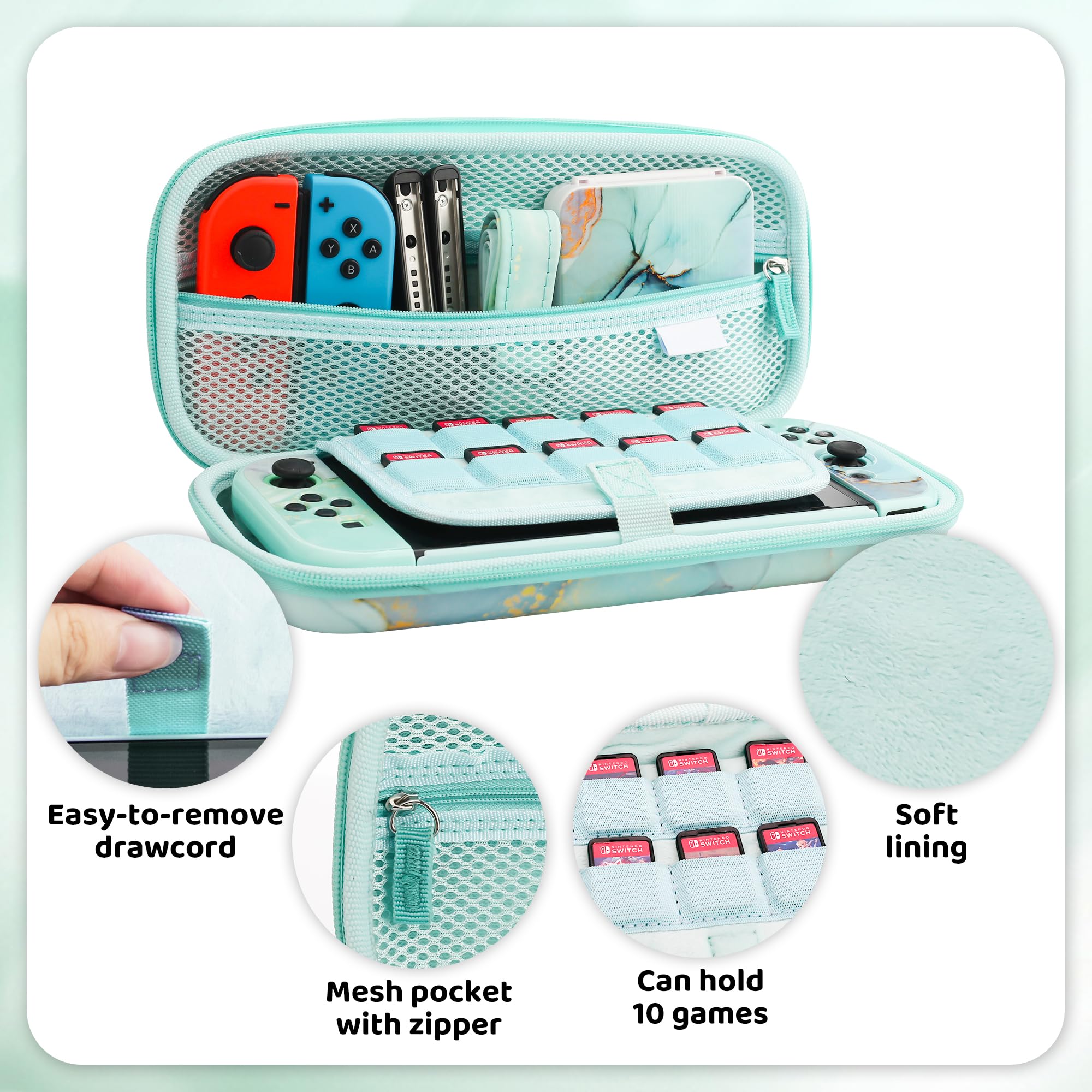 Premium Hard Shell Travel Case for Nintendo Switch - Green Marble Protective Cover with Screen Protector, Adjustable Shoulder Strap & 2 Thumb Grips | Portable Storage Solution for Gaming On-The-Go, Commuting & Travel Accessories