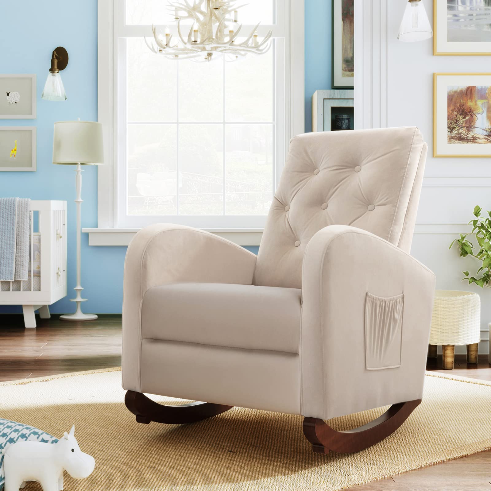 Velvet Rocking Chair with Side Pocket - High Back Upholstered Nursery Glider Rocker, Comfy Accent Armchair for Bedroom, Living Room & Nursery - Modern Lounge Chair for Relaxing, Breastfeeding & Reading (Beige)