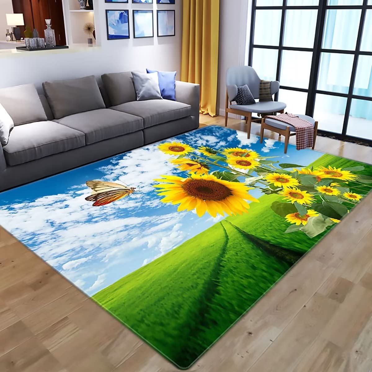 Modern Boho Sunflower Large Area Rug 5'x8' - Non-Slip Floor Mat for Living Room & Dining Room with Blue Sky White Spring Natural Design | Perfect for Bohemian Decor, Farmhouse Style & Cozy Home Atmosphere
