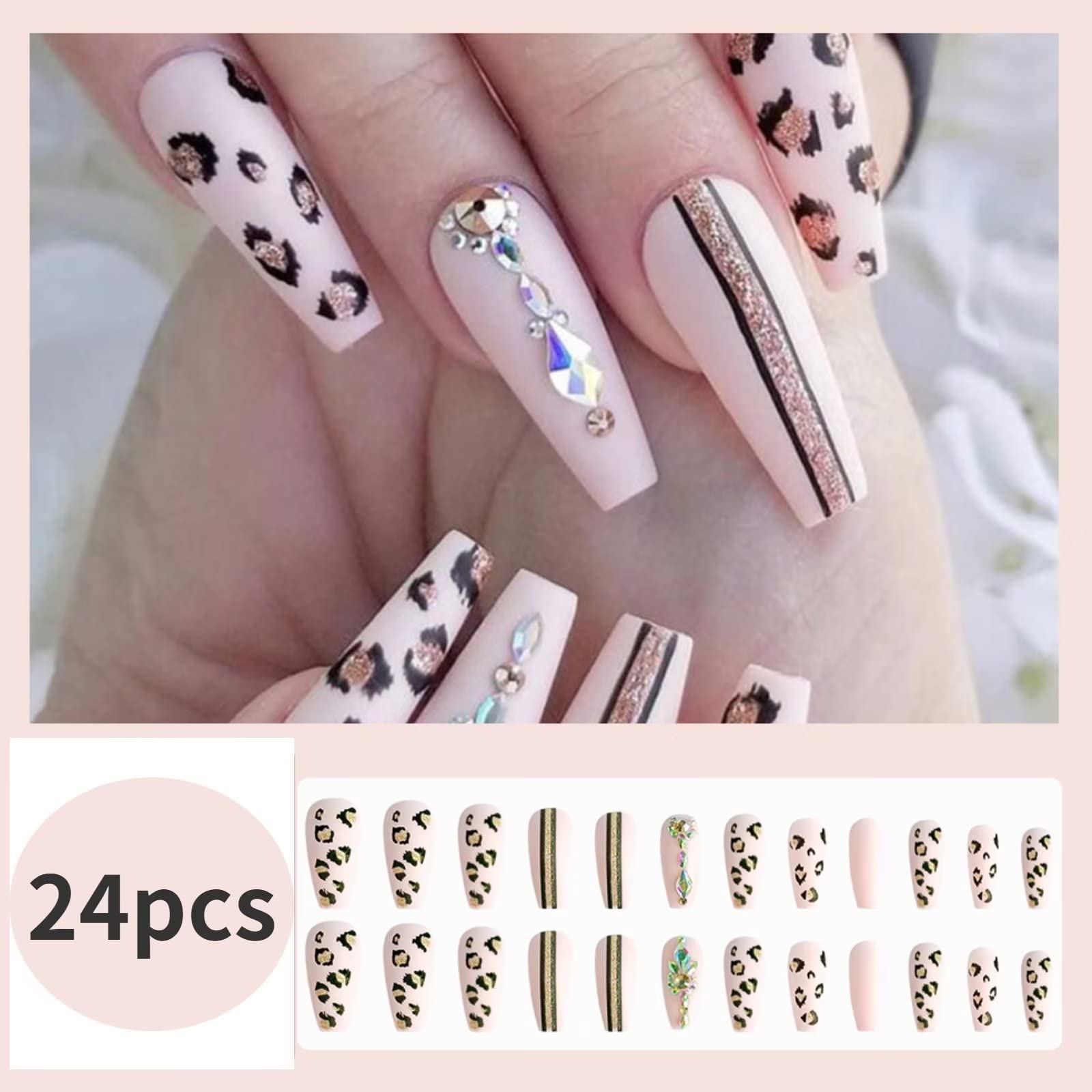 RUNRAYAY Leopard Print Press On Nails - Long Fake Nails with Pink Acrylic Ballet French Tip & Rhinestone Designs for Women & Girls | Perfect for Parties, Weddings, Date Nights & Special Occasions