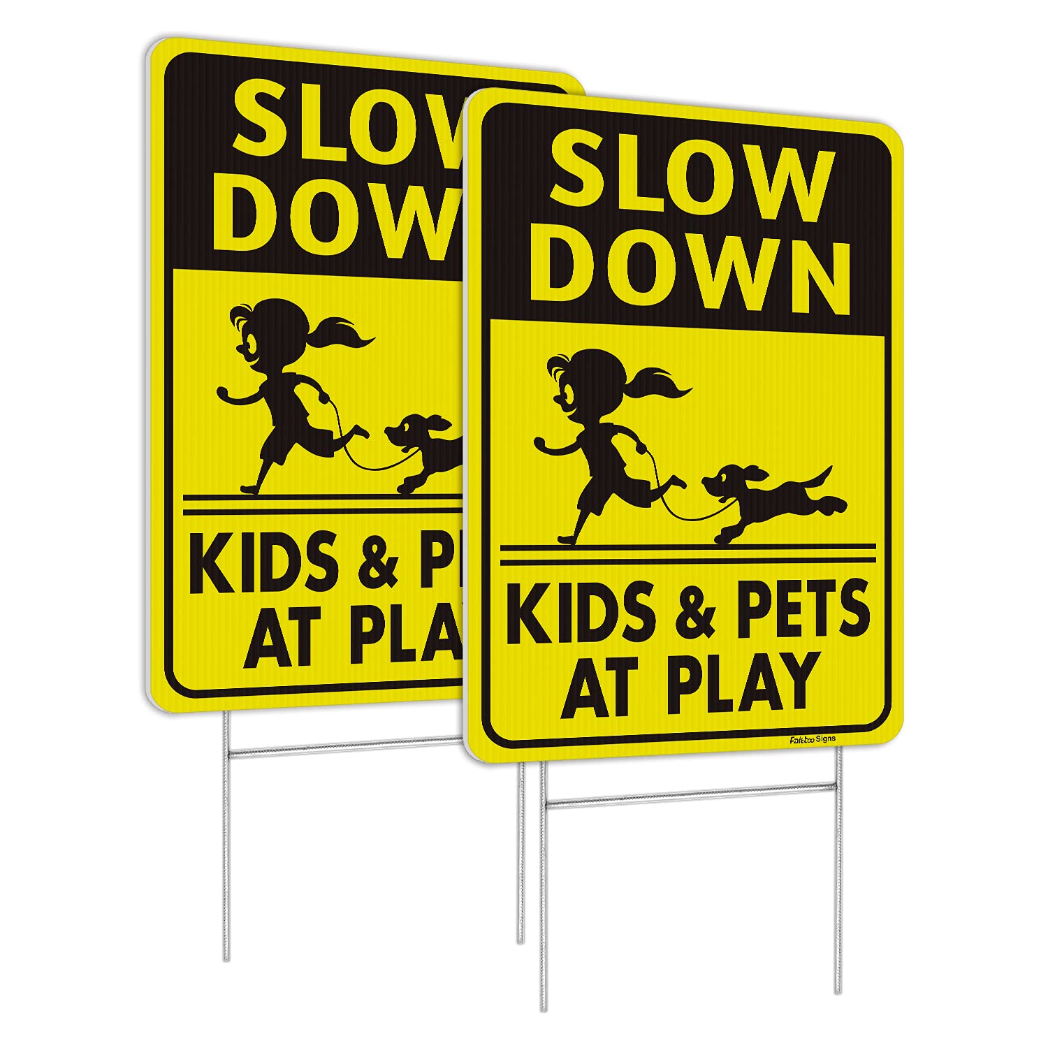 Slow Down Signs for Kids and Pets at Play - 18 x 12 Inch Double-Sided Corrugated Plastic Yard Sign with Stake (2 Pack) - Waterproof, Weather Resistant & Non-Fading - Easy to Assemble - Perfect for Neighborhoods, School Zones & Play Areas