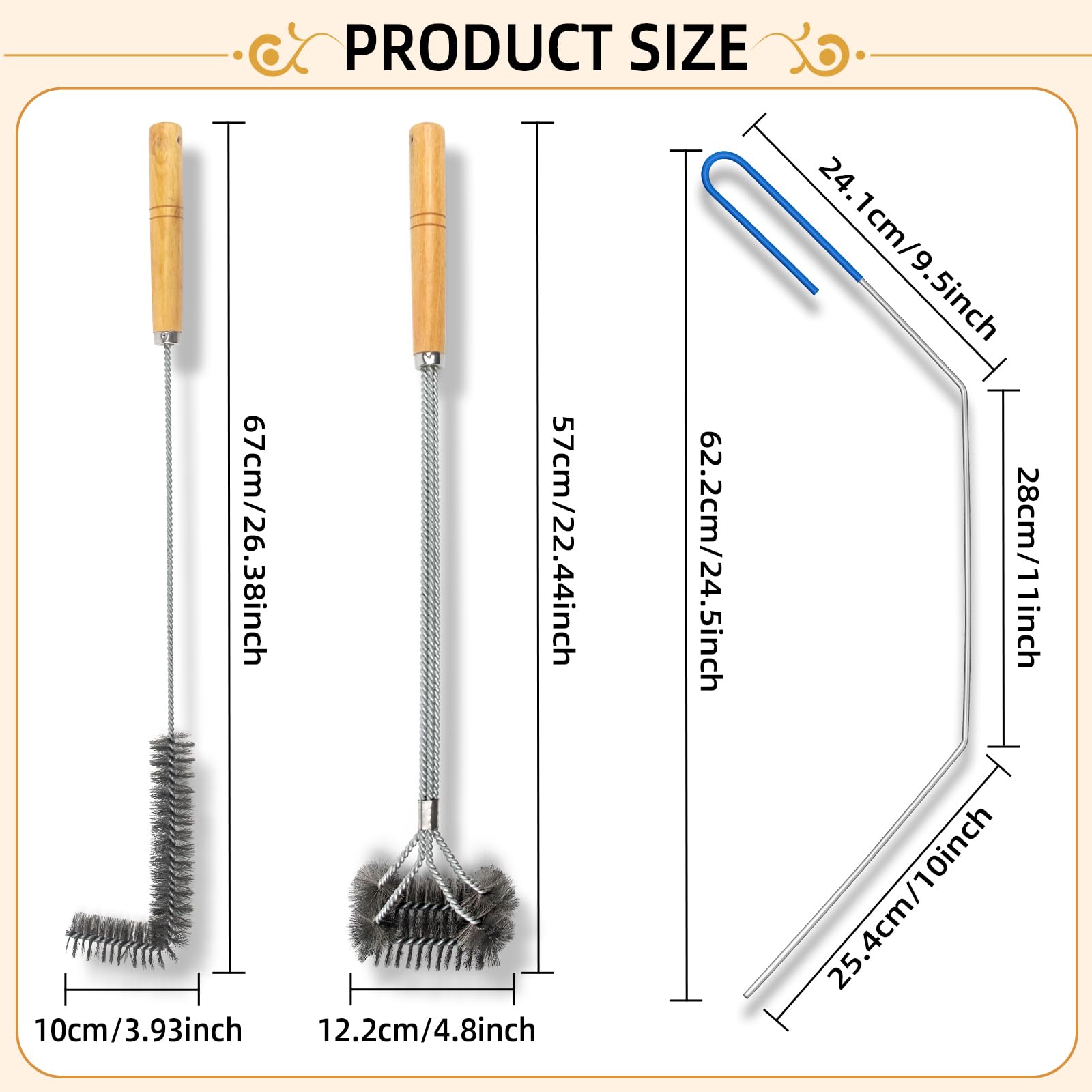 3-Piece Stainless Steel Fryer Cleaning Kit - Basket Brush, L-Shape Brush & Rod for Deep/Air Fryers