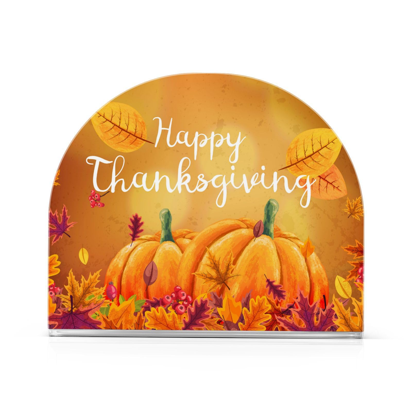 Happy Thanksgiving Acrylic Napkin Holder - Autumn Leaves & Pumpkin Design for Table, Kitchen, Dining, Restaurant, and Home Bar - Perfect for Holiday Decor and Cocktail Napkin Dispenser