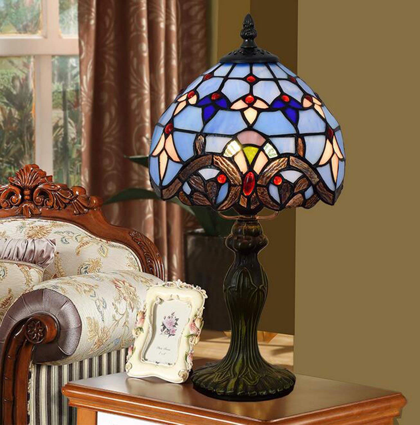 Blue Baroque Tiffany Style Table Lamp - 8 Inch Small Stained Glass Desk Lamp for Bedroom, Study & Office - Perfect for Reading, Decor & Ambient Lighting