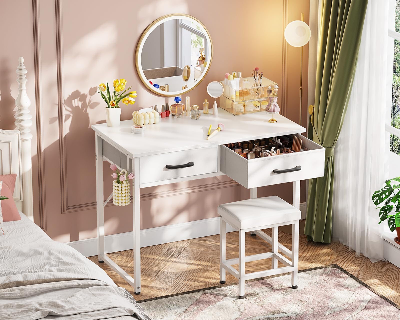 AODK 32 Inch Small Vanity Desk with Stool - No Mirror Makeup Table with 2 Fabric Drawers & Steel Hook, White Vanity Table for Girls Bedroom | Perfect for Makeup Organization, Small Space Dressing Area & Bedroom Decor
