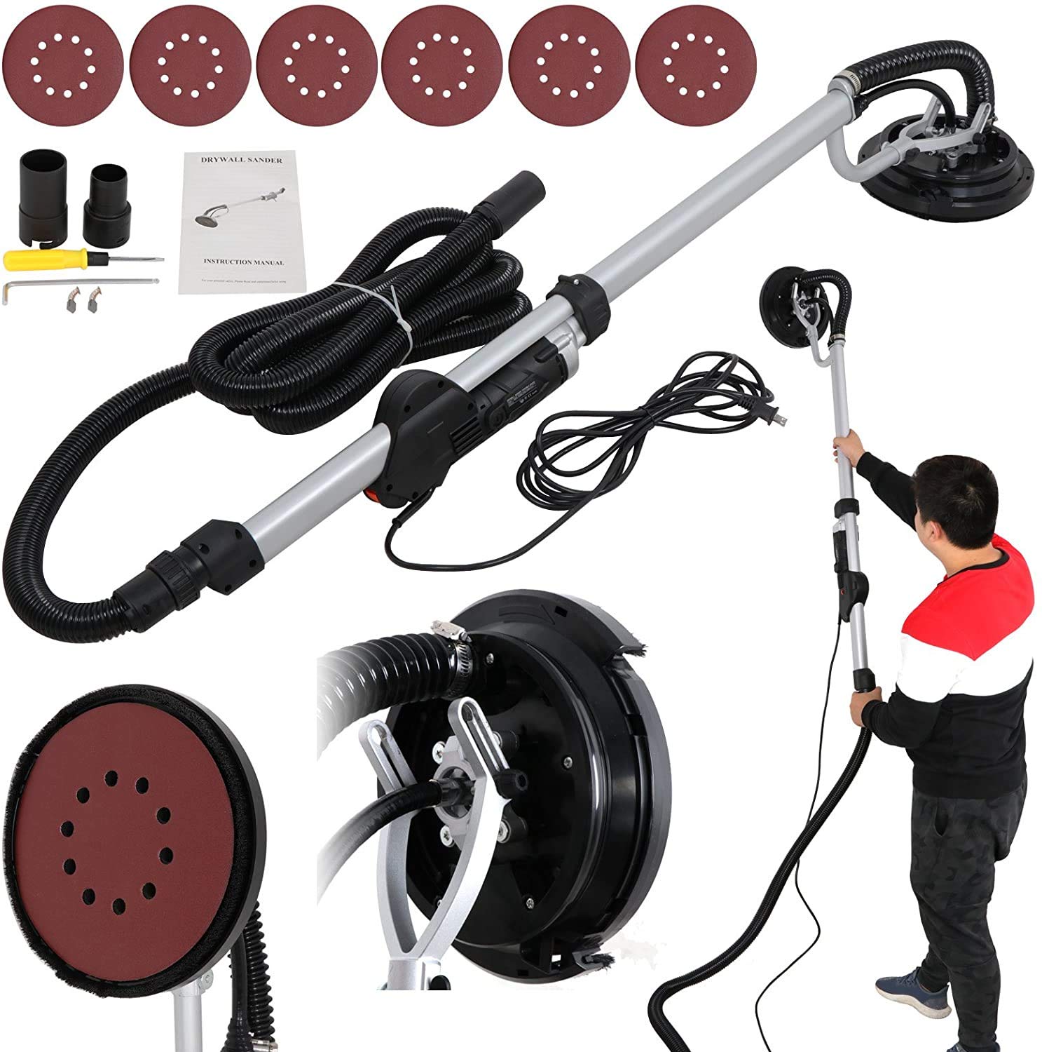 HomGarden 800W Electric Drywall Sander with Vacuum - Adjustable Speed, Foldable Design & 6 Sanding Pads - Perfect for Drywall Repair, Home Renovation and DIY Projects