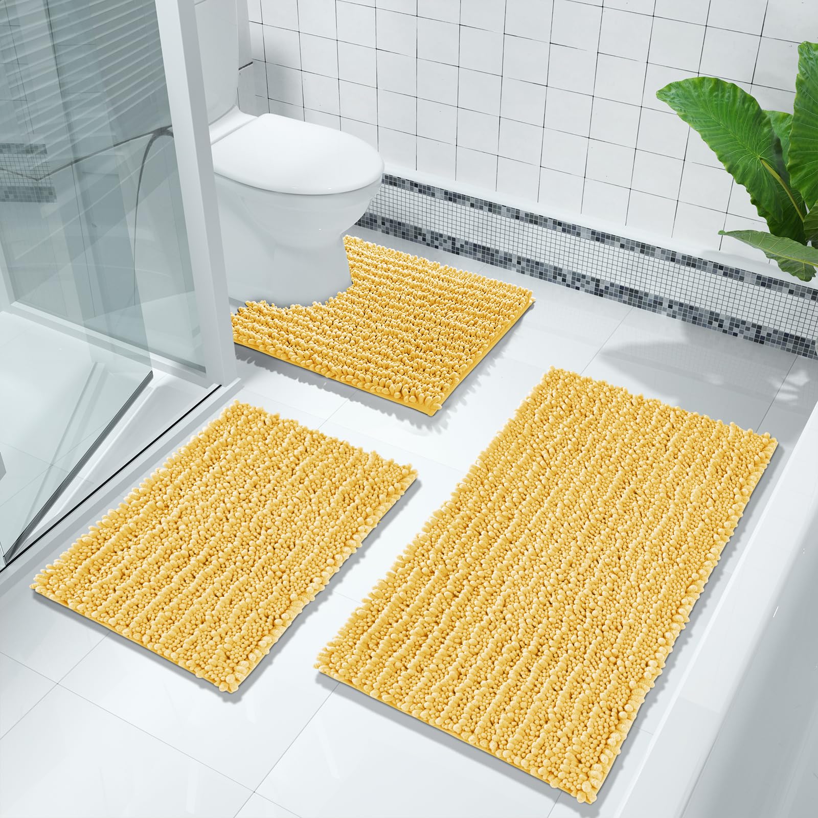 Yimobra Extra Soft Microfiber Chenille Bathroom Rug - 55.1 x 24 Inch Large Non-Slip Bath Mat | Super Absorbent Shaggy Bath Rug for Bathroom Floor, Tub & Shower | Machine Washable | Yellow - Perfect for Cozy Bathrooms & Spa-Like Showers