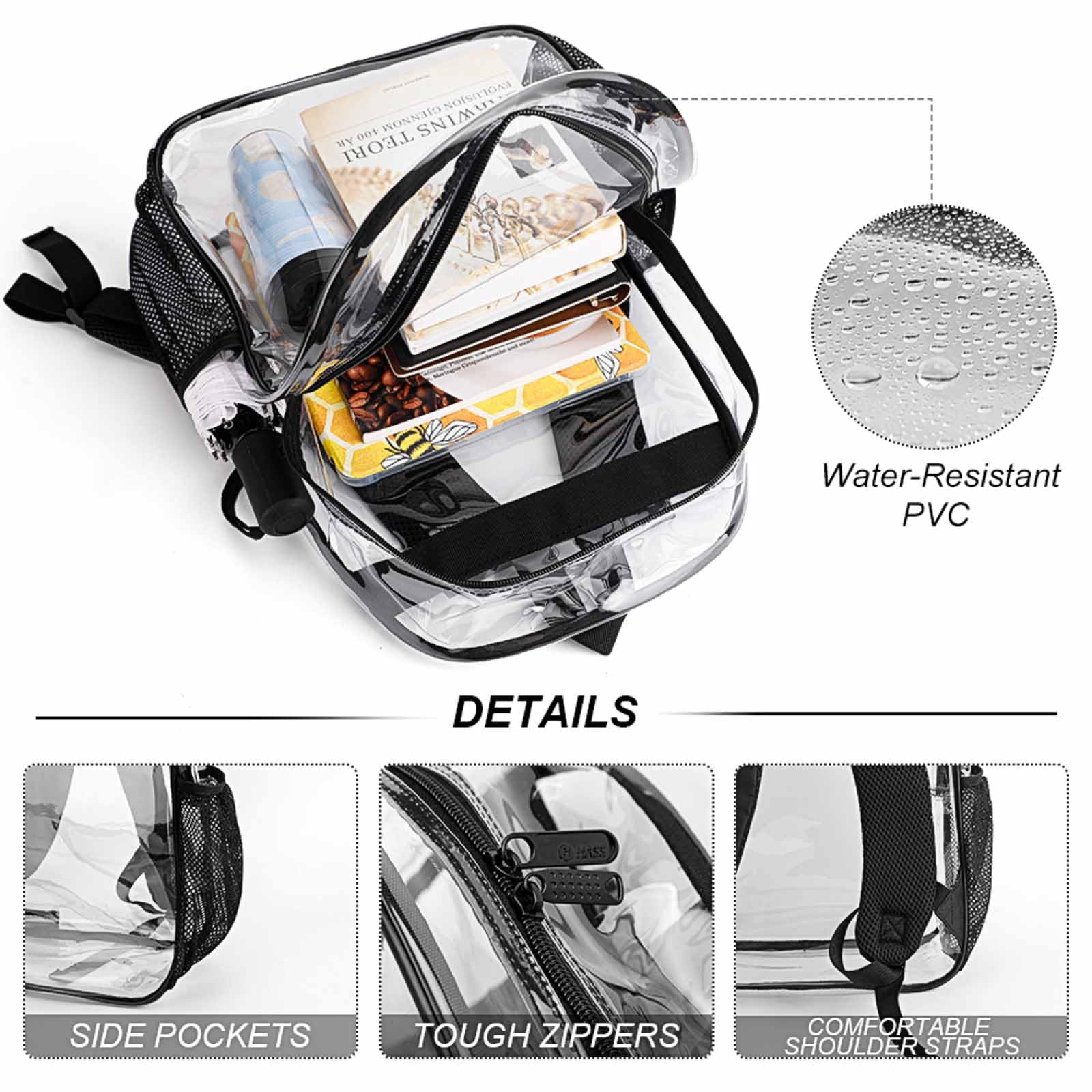 17IN Clear Backpack - See Through PVC Transparent Heavy Duty Waterproof Daypack with Reinforced Straps (Black) | Perfect for School, Travel, Concerts & Stadium Security