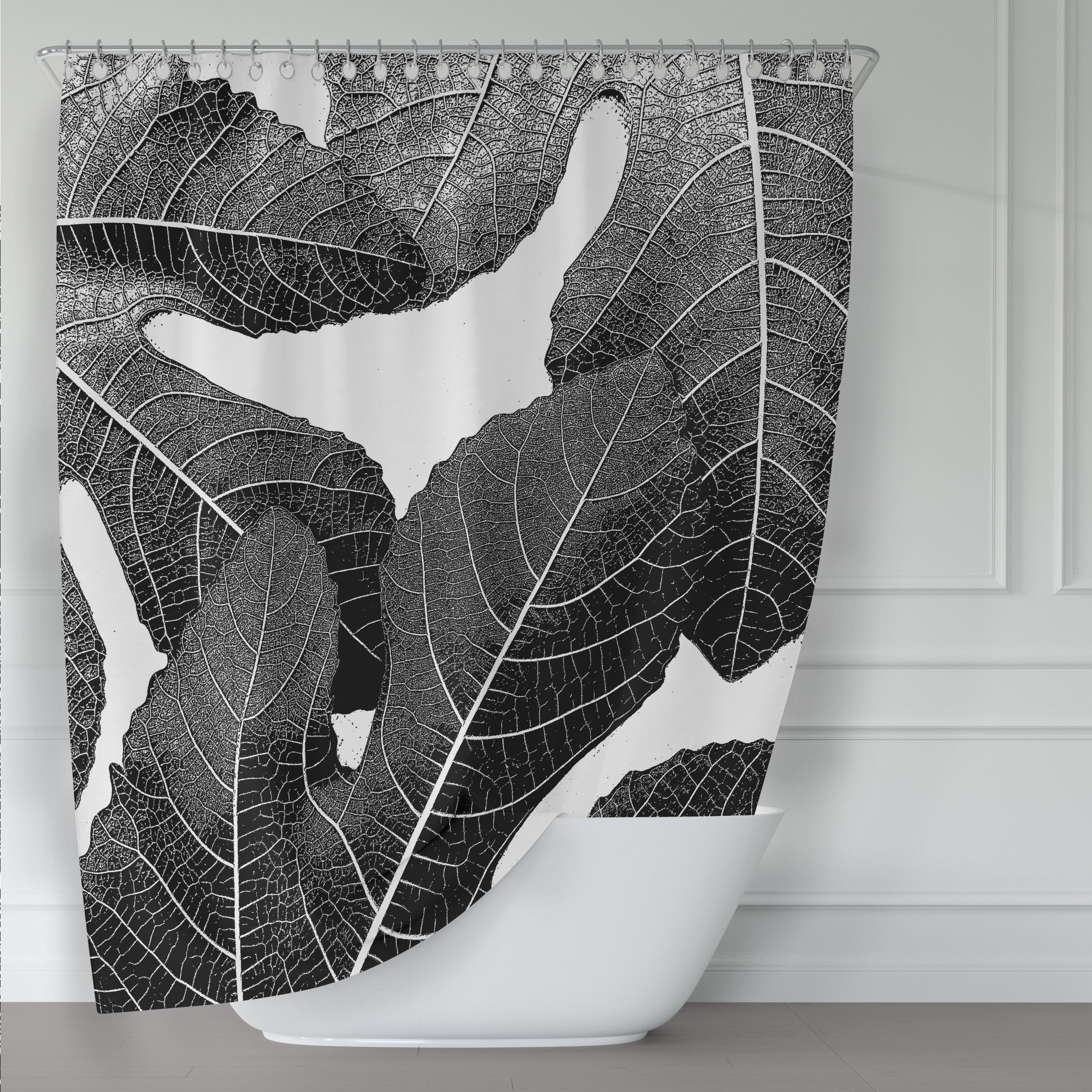 Modern Black and White Fig Leaves Mediterranean Botanical Shower Curtain - Waterproof Bathroom Decor for Coastal, Boho, or Vintage Style Homes