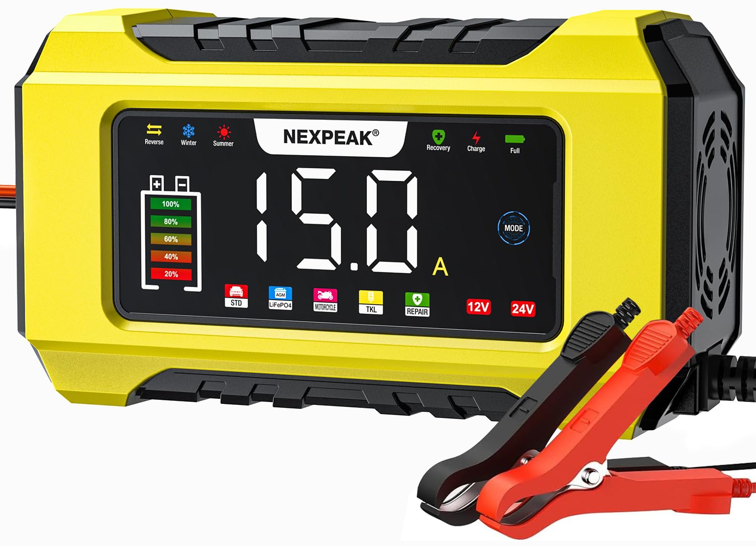 NEXPEAK NC215 15-Amp Smart Battery Charger & Maintainer - 12V/24V LiFePO4 & Lead Acid Compatible - 9-Stage Charging with Temperature Compensation - for Cars, Trucks, Lawn Mowers, Boats & Marine Vehicles - Ideal for Winter Storage & Long-Term Battery Maintenance