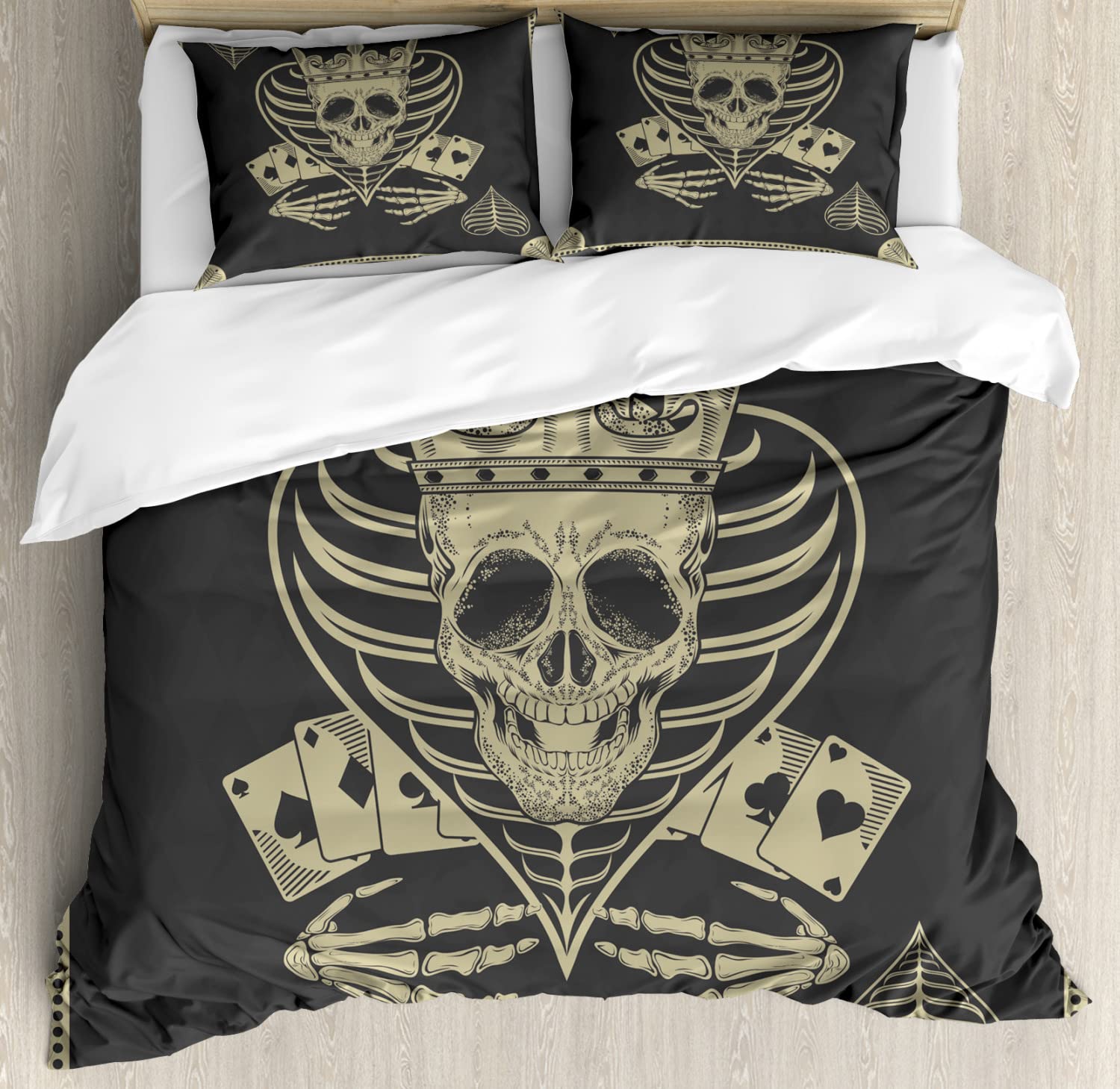 Ambesonne Skull Duvet Cover Set - King Size 2-Pack with 2 Duvet Covers & 4 Pillowcases - Gothic Skeleton Poker Card Design in Dark Grey/Tan/Beige - Perfect for Halloween Decor, Horror Themed Bedroom, or Unique Gift for Gamers