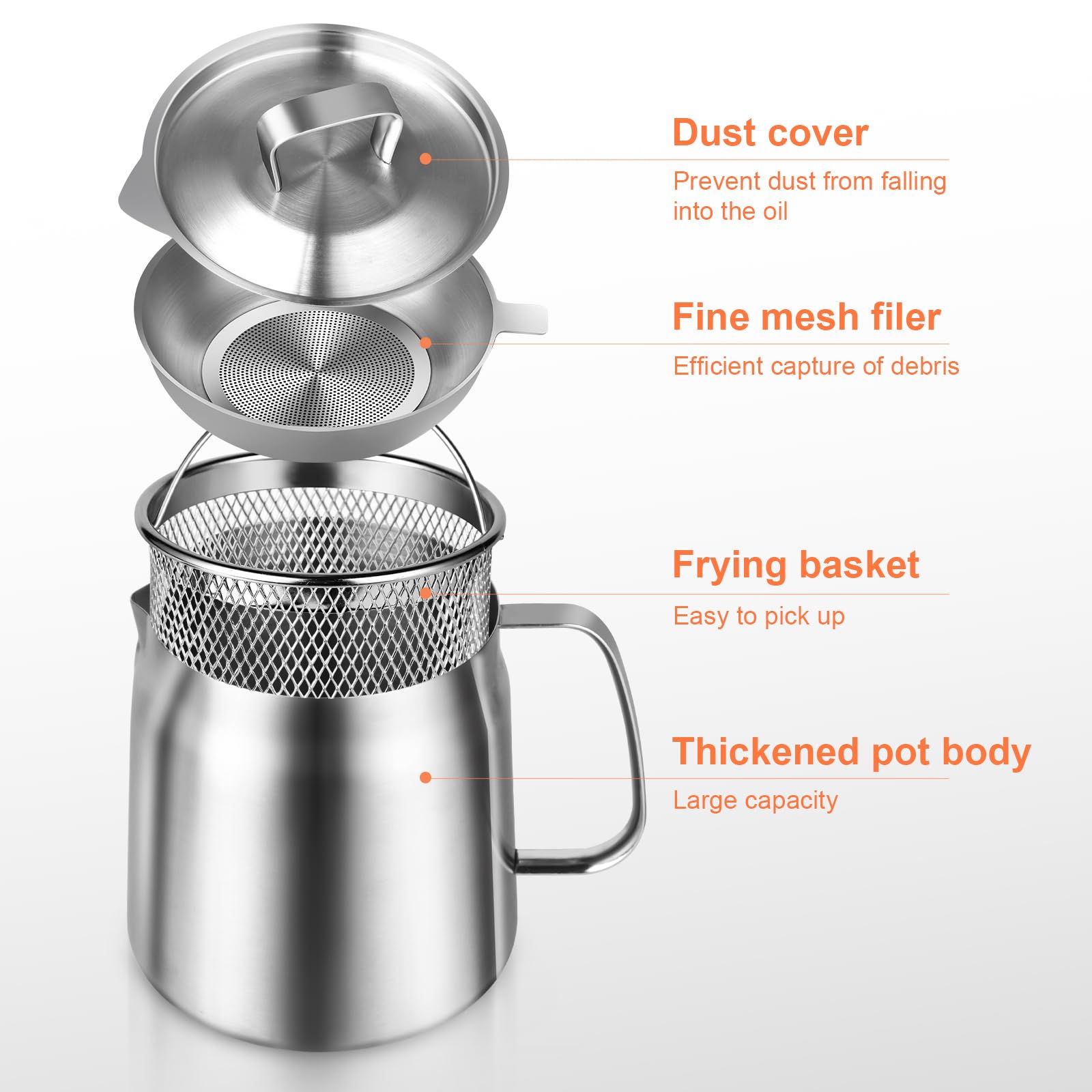 Premium 304 Stainless Steel Oil Filter Pot - 68oz/2L Bacon Grease Container with Fine Mesh Strainer & Frying Basket - Large Capacity Multifunctional Kitchen Oil Strainer for Cooking, Frying, Camping & Outdoor BBQ
