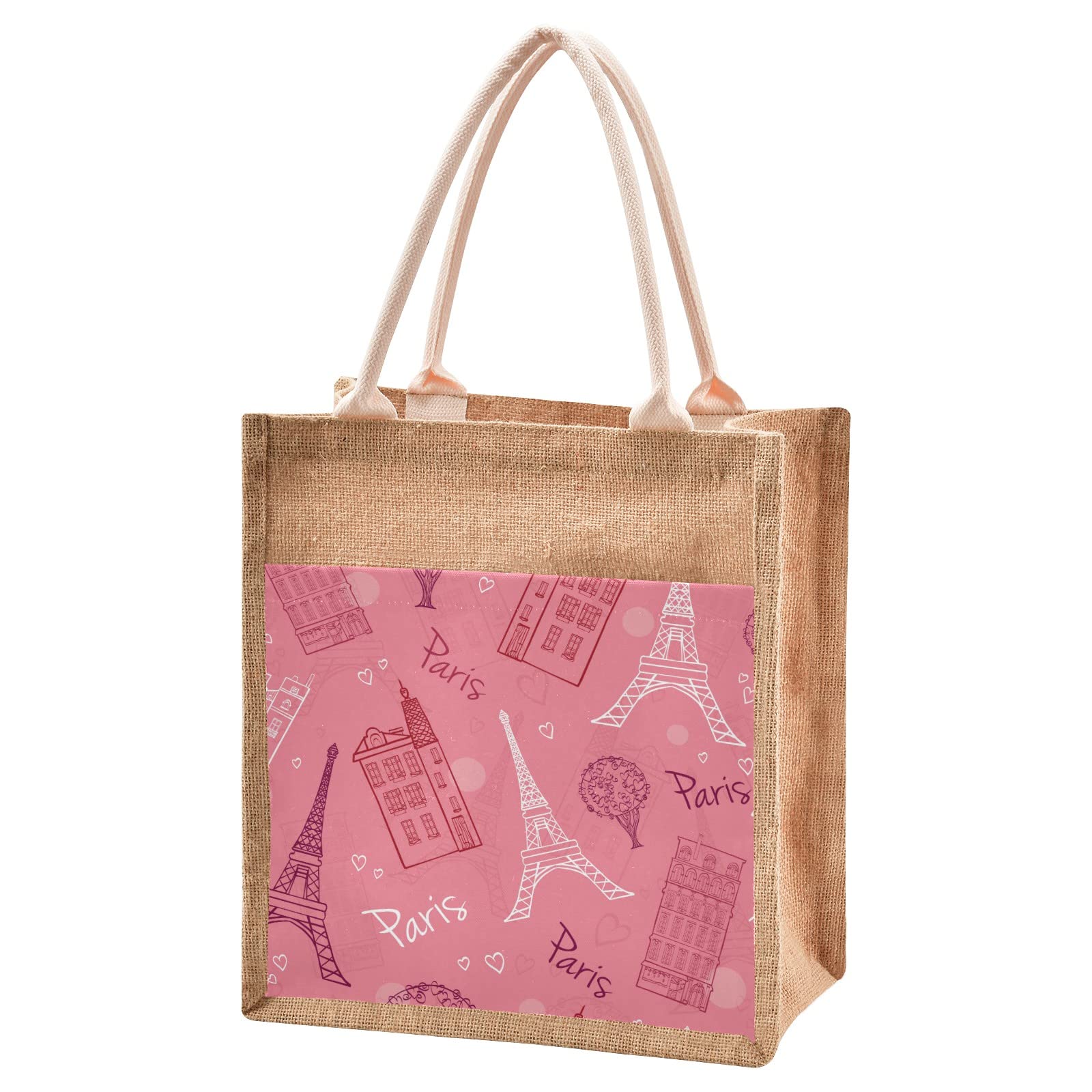 Linqin Pink Romantic Paris Jute Tote Bag - Waterproof Burlap Straw Grocery Shopping Bag with Handles for Women | Perfect for Travel, Beach, Picnic & Daily Use