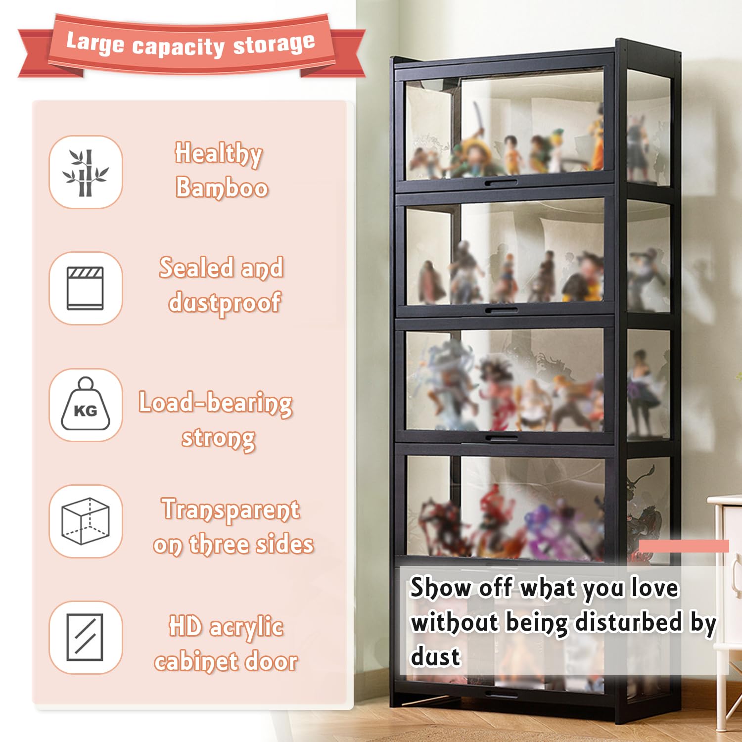 27.56x13.4x67.7in Acrylic Display Cabinet with Flip Door - Bamboo Curio Cabinet & Glass Shelf for Collectibles, Home Decor, Easy Assembly (Black) | Perfect for Living Room, Bedroom, or Office Display