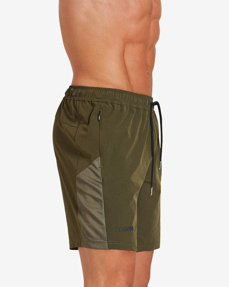 Teamm8 Level 6.5 Shorts - Khaki Green Men's Athletic Running Workout Shorts for Gym, Jogging & Outdoor Activities
