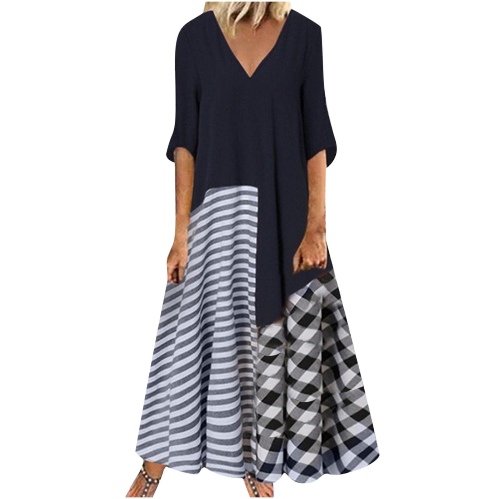 YZHM Women's Maxi Dress - Half Sleeve V-Neck Trendy Print Long Summer Dress, Casual Loose Pleated Flowy T-Shirt Dress for Beach, Vacation & Everyday Wear