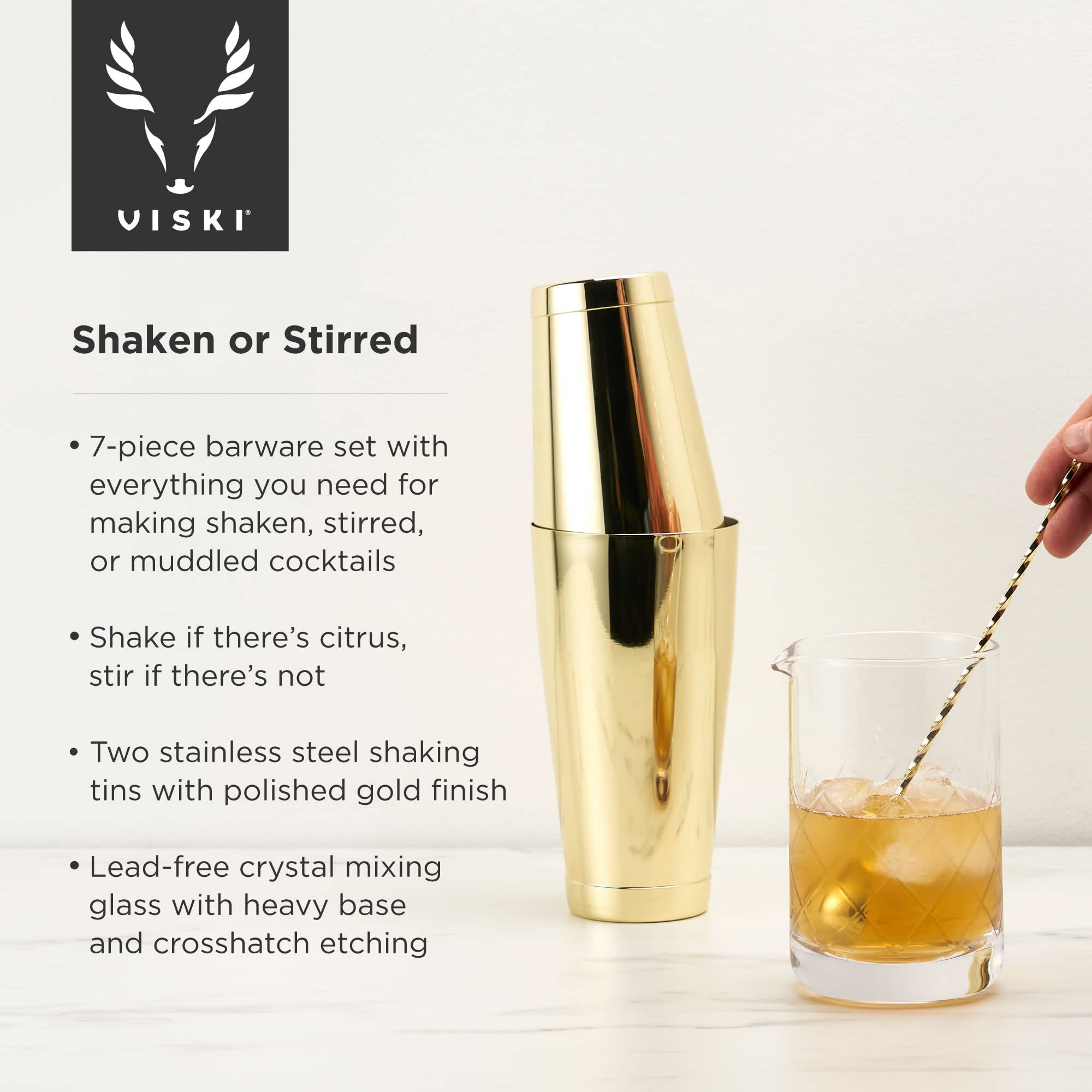 Premium Viski Gold Cocktail Shaker Set - 7-Piece Stainless Steel Bar Tools Kit with Mixing Glass, Bar Spoon & Bartender Accessories - Perfect for Home Bars, Parties & Professional Mixology