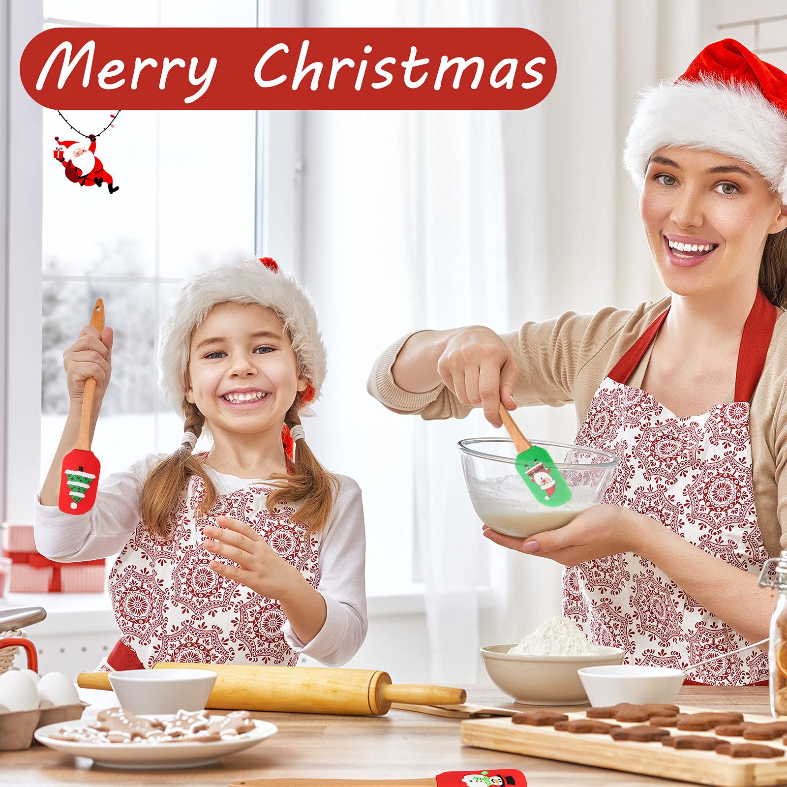 8-Piece Christmas Silicone Spatula Set - Santa Claus Pattern Baking Tools for Cake Decorating, Butter Cream Mixing & Kitchen Use - Wooden Handle Non-Slip Spatulas (Festive Holiday Gift for Bakers & Home Cooks)