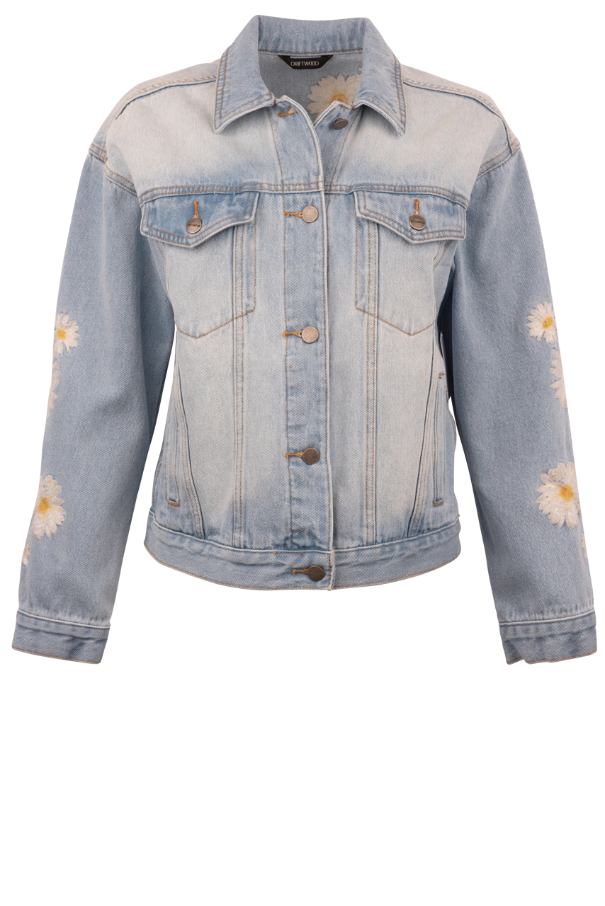 Stylish Driftwood Daisy Denim Jacket for Women - Vintage Boho Chic Embroidery Jacket - Perfect for Spring Outfits, Music Festivals & Casual Streetwear