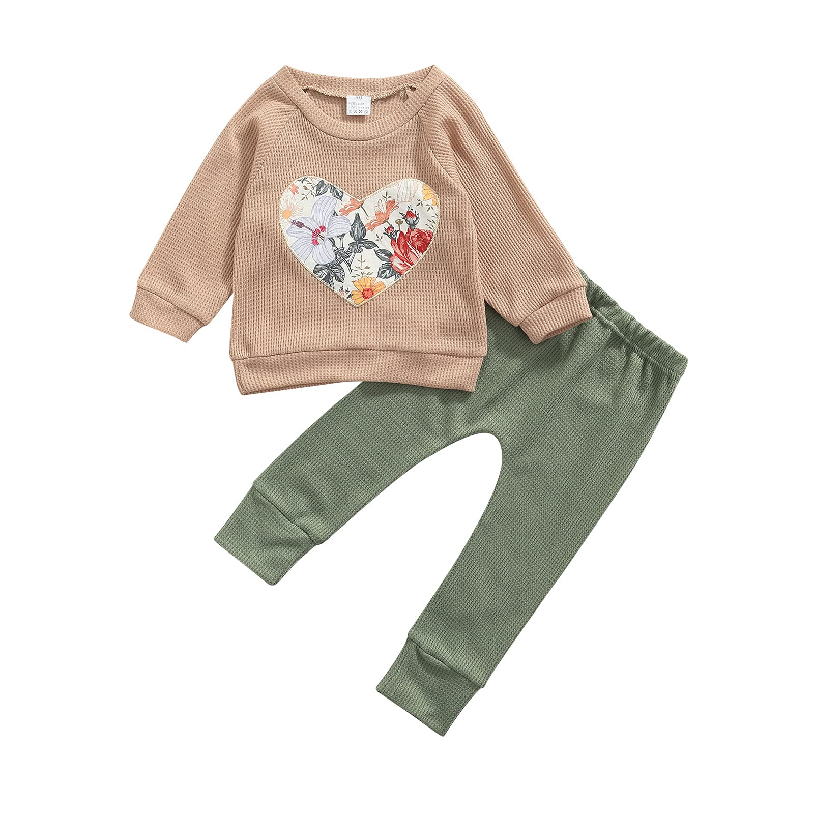Toddler Baby Girl Love Heart Outfit Set - Fall Winter Waffle Cotton T-Shirt & Floral Long Pants - Soft & Comfortable 2-Piece Clothing for Playdates, Family Photos & Holiday Outfits