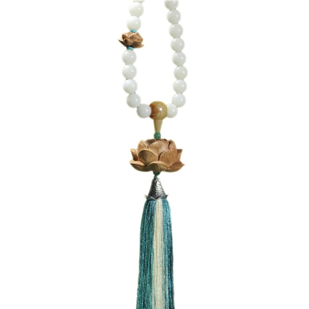 Wood Carved Lotus Car Mirror Hanging Charm with White Jade Bodhi Beads - Handmade Buddhist Car Accessories for Men & Women - Perfect for Rearview Mirror Decoration, Meditation & Spiritual Protection While Driving