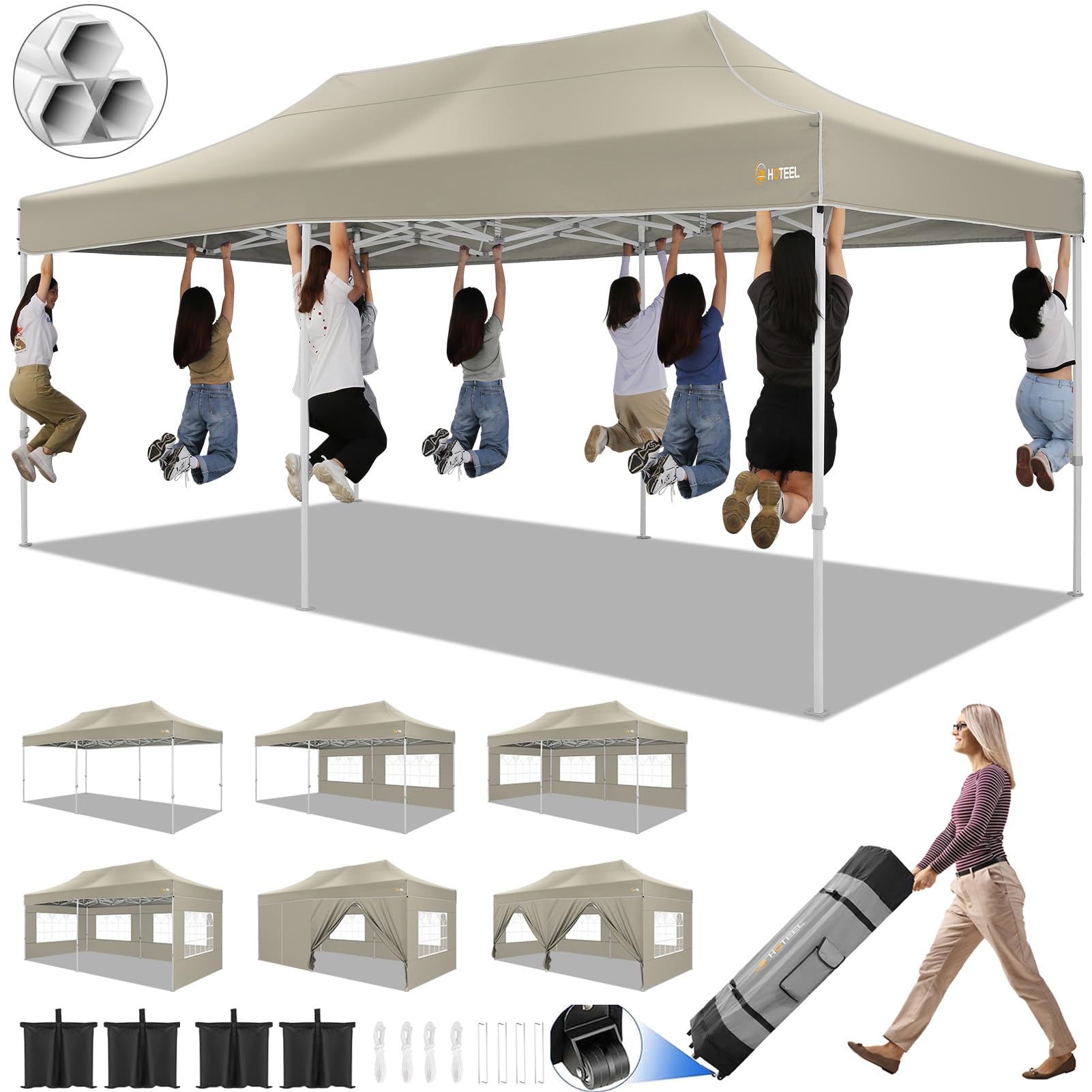 HOTEEL 10x20 Pop Up Canopy Tent - Heavy Duty Commercial Instant Gazebo with 6 Sidewalls, Roller Bag & Sand Bags - Easy Setup Hexagonal Frame for Outdoor Weddings, Parties, Events & Farmers Markets (Khaki)