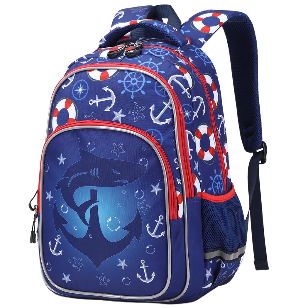 Moonmo Boys Backpack for Kids - Large Capacity Lightweight School Bag with Multiple Compartments for Preschool & Elementary Students (Blue Shark) - Perfect for School, Travel & Daily Use