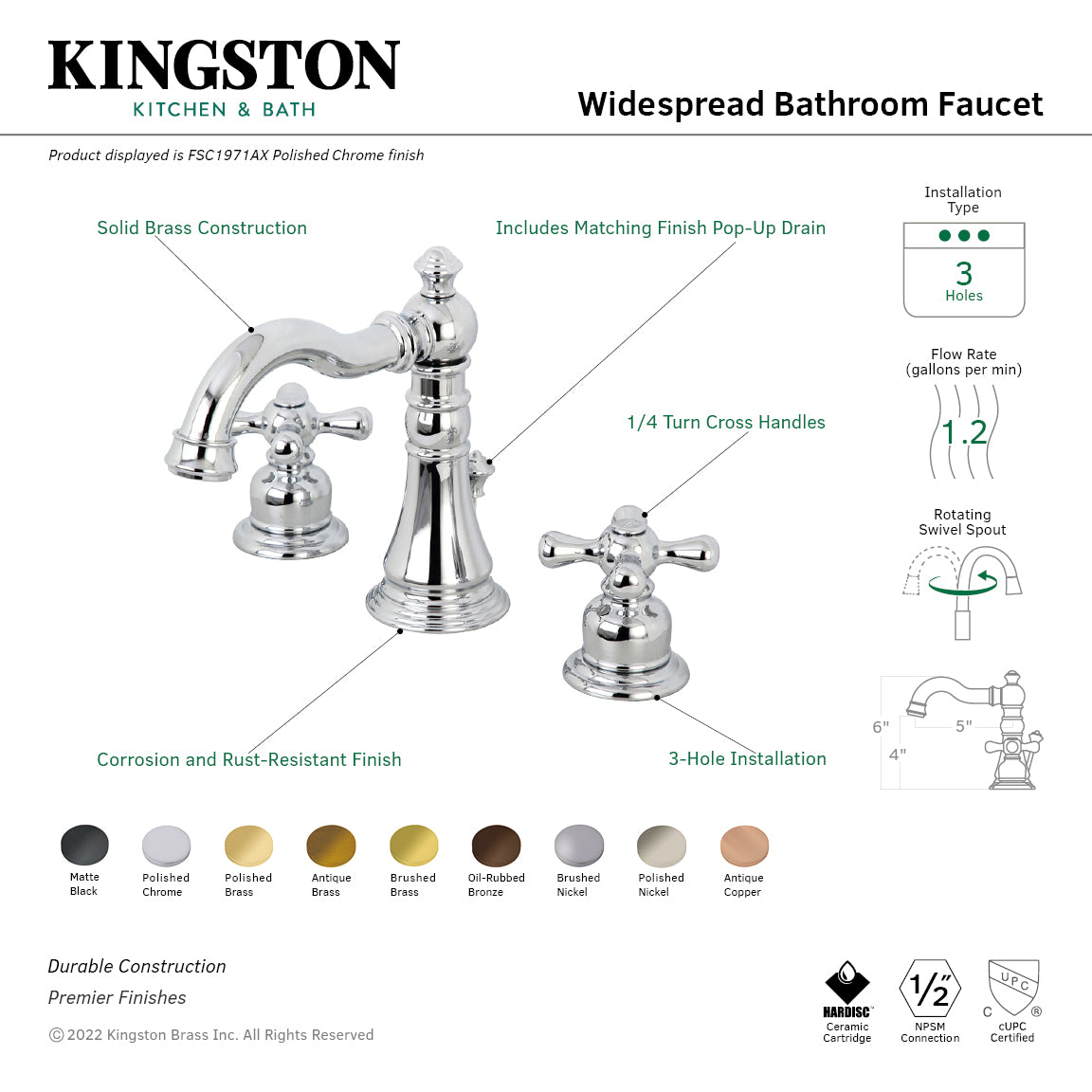 American Classic FSC1970AX Matte Black Widespread Bathroom Faucet - 2 Handle 3 Hole Deck Mount with Brass Pop-Up Drain - Perfect for Modern Bathroom Vanities and Powder Rooms
