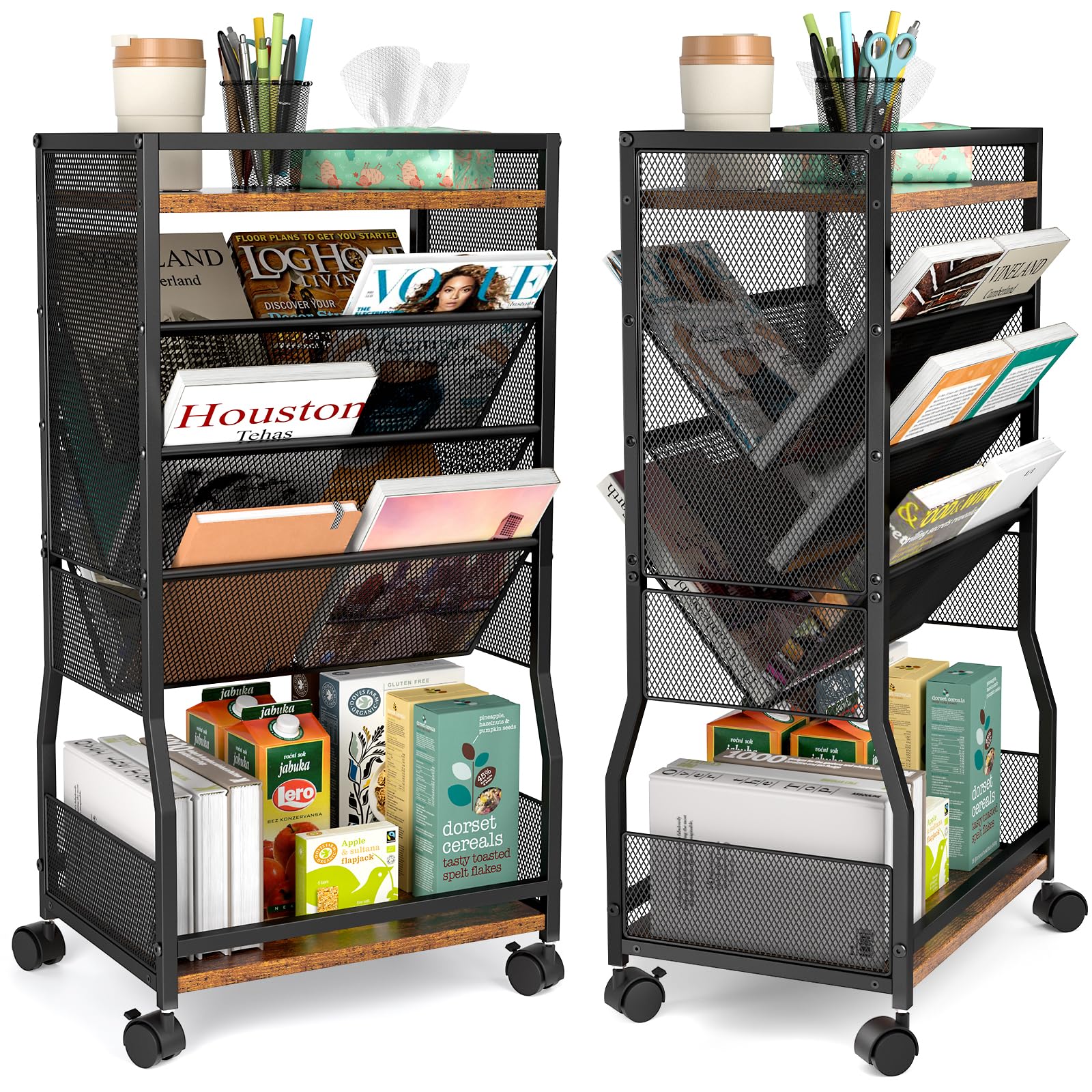 8 Tier Rolling Book Cart with Wheels - Mobile Book Storage Organizer with 2-Sided Access for Home, Office, Classroom & Library - Compact Bookcase for Narrow Spaces - Perfect for Organizing Books, Files & Supplies in Small Rooms