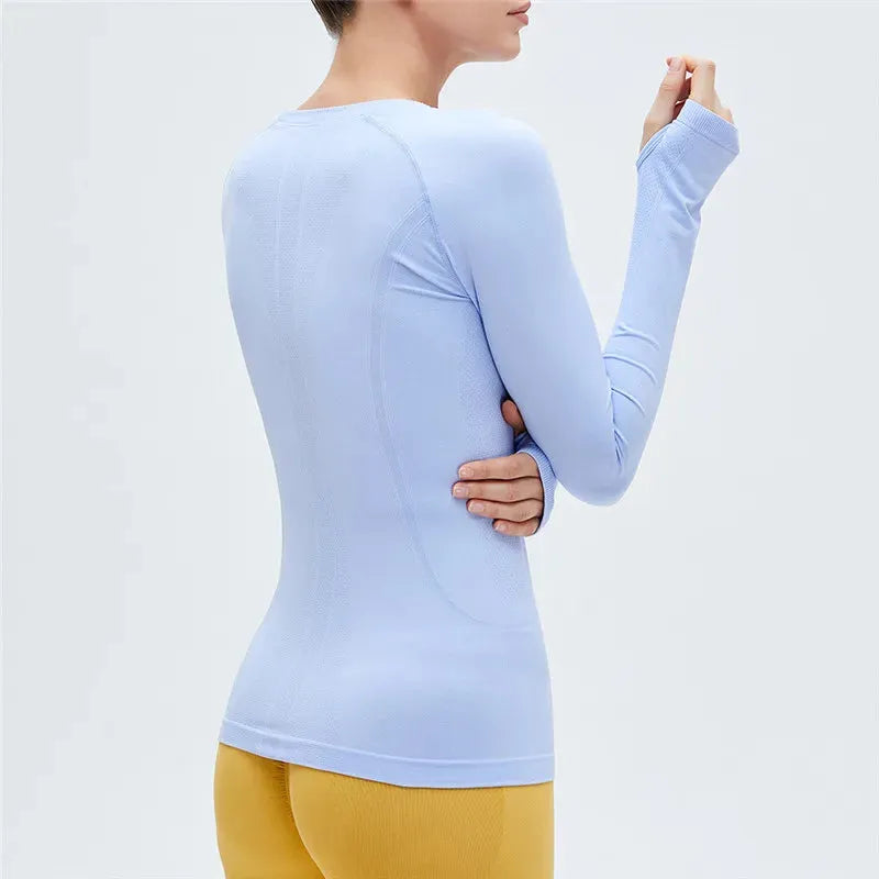 Solid Color Women's Long Sleeve Yoga Shirt - Breathable Fitness Top with Round Neck & Thumb Holes for Yoga, Gym & Workouts | Slim Fit Athletic Wear for Women