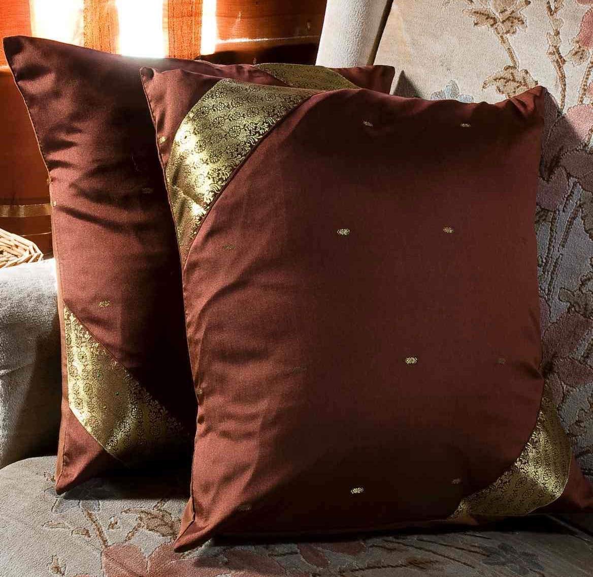 Handmade Boho Sari Cushion Covers Set of 2 - Brown Indian Sari Throw Pillow Covers with Zipper (22x22 Inches) for Sofa, Bed, Living Room & Home Decor