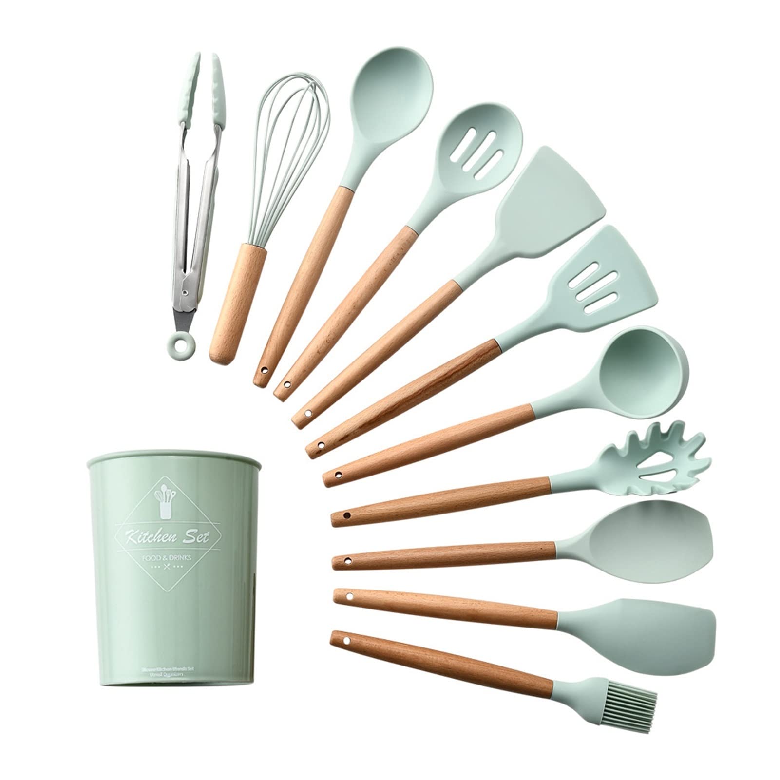 Heat Resistant Silicone Kitchen Utensils Set - Non-Stick Cooking Tools with Light Green Spatula, Spoon & Tongs - Perfect for Baking, Frying & Everyday Cooking