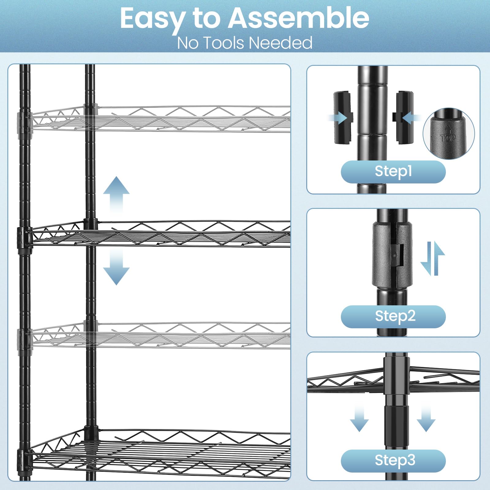 Himimi 6-Tier Adjustable Wire Storage Shelf - Free Standing Metal Shelving Unit with Leveling Feet & Stainless Hooks - Black (2-Pack) - Perfect for Laundry Room, Bathroom, Kitchen Pantry & Closet Organization