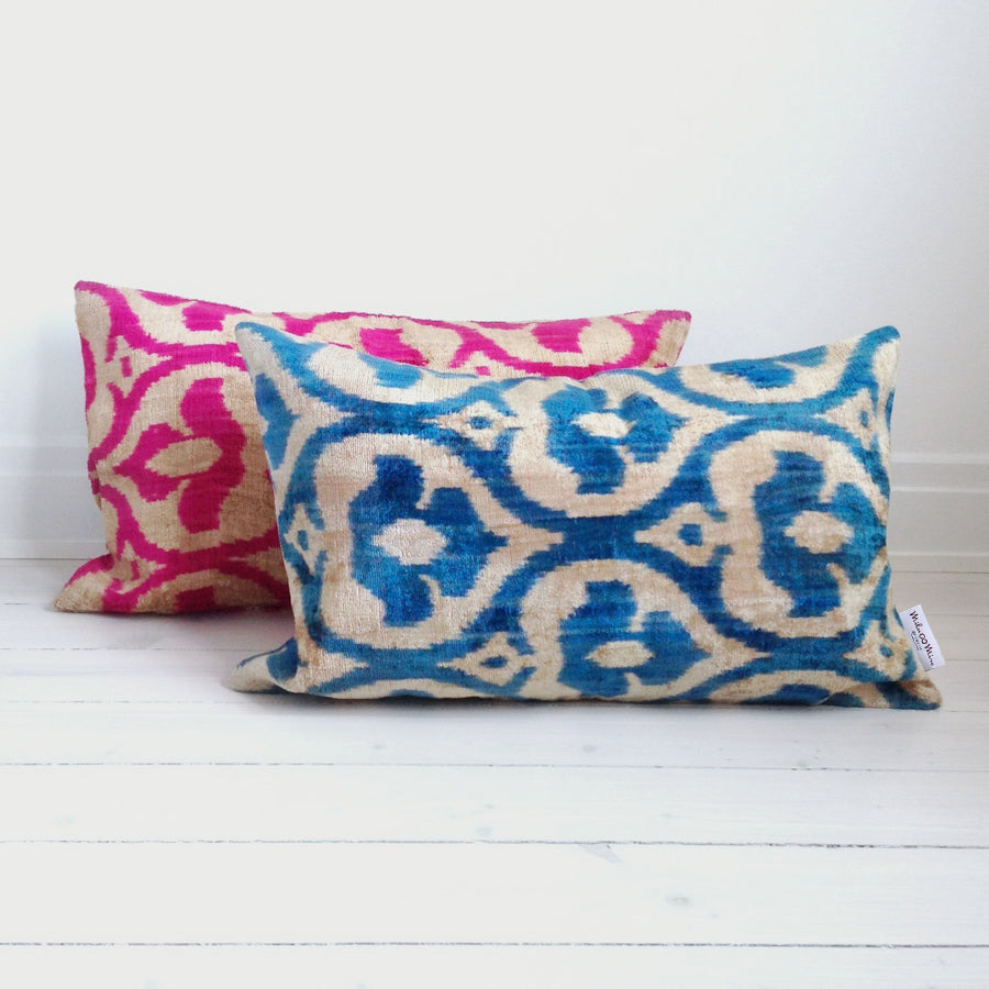 Velvet Ikat Cushion Blue Paradise | Soft Decorative Throw Pillow for Sofa & Bed | Home Decor Accent for Living Room & Bedroom