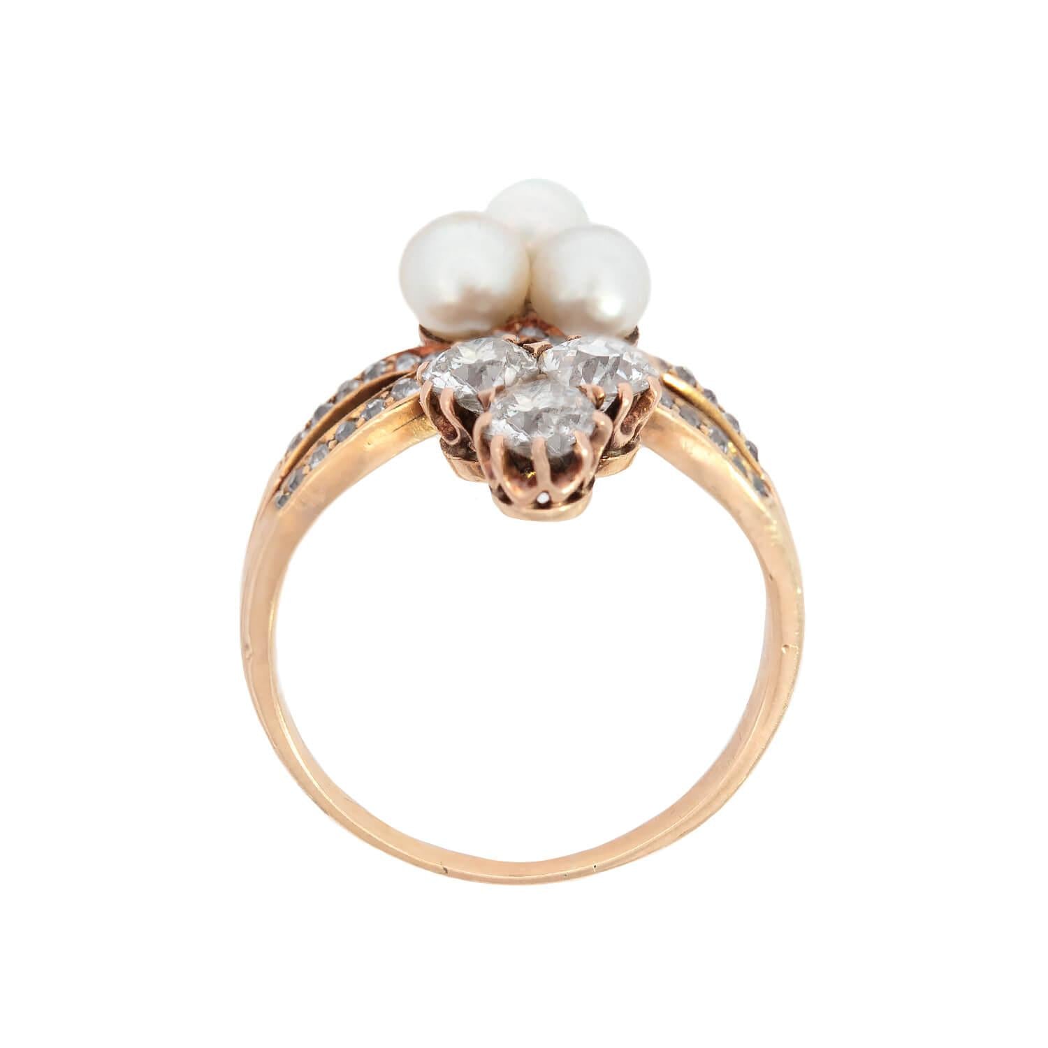 Victorian Style 14k Gold Diamond & Pearl Double Trefoil Ring - Elegant Vintage Jewelry for Weddings, Anniversaries & Special Occasions